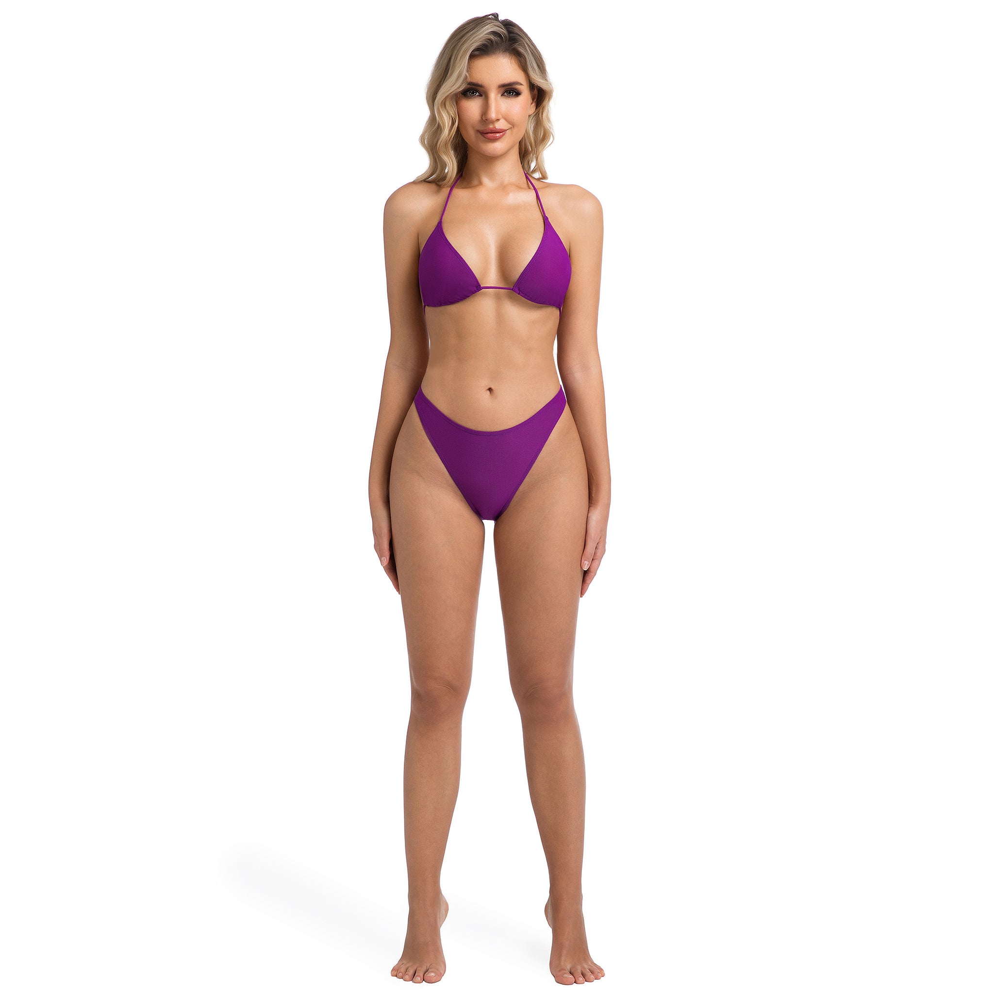 Two-Piece Halter Triangle Bikini Set for Women Violet - Textured Ribbed Low-Rise High-Cut Cheeky Bottom - Female Tan Through Minimise Tan Lines Solid Purple Bathing Suit Woman's Swimwear