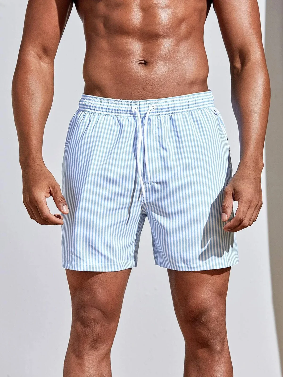 Light Blue Stripe Men's Swimwear - Sun-Permeable Pocketed Quick-Dry Board Shorts - Tan Through Minimise Tan Lines Beach Trunks Male Bathing Suit
