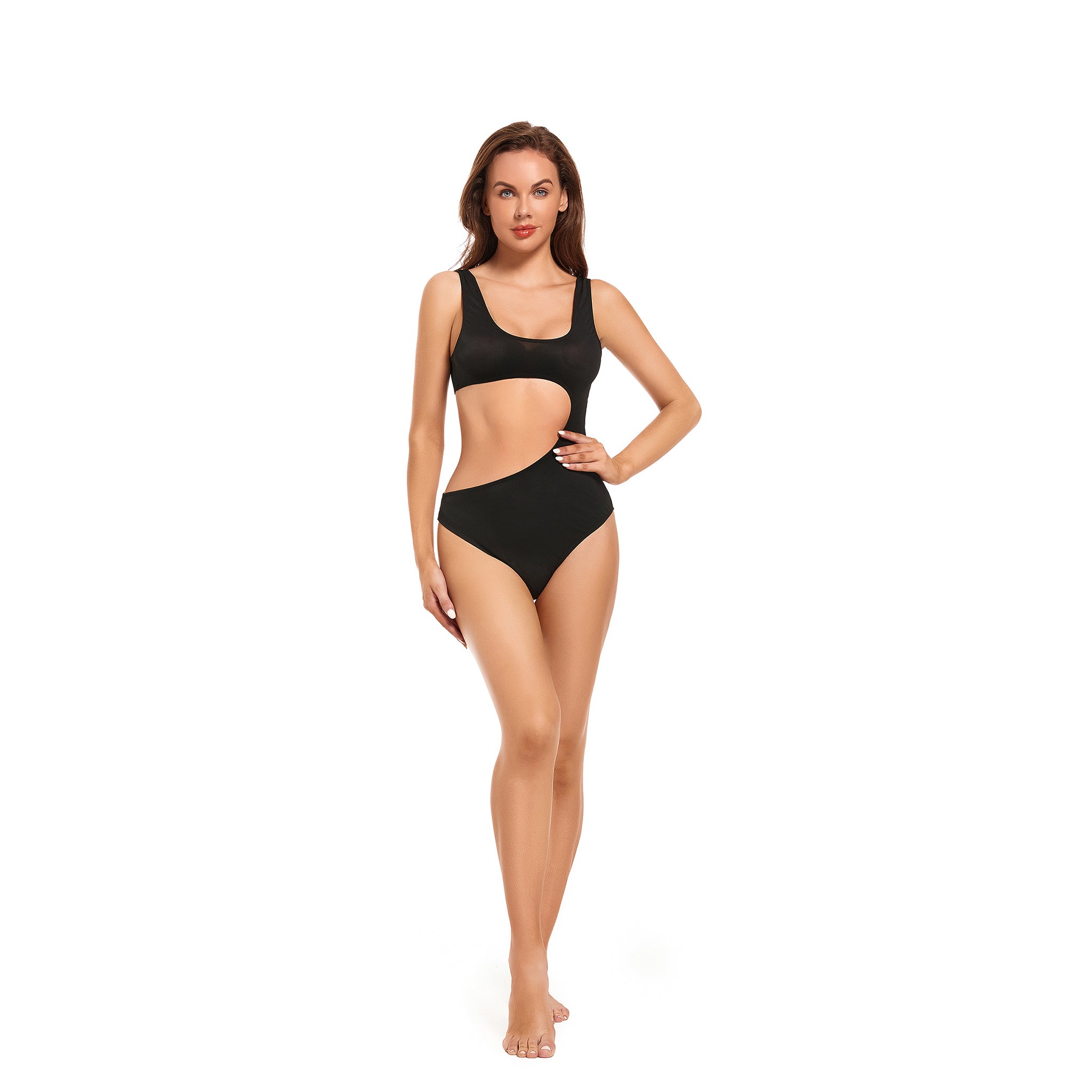 Women's Cutout Tan Through One Piece Swimsuit - Professional Sun-Permeable Monokini - Minimalist Quick-Dry High Cut Bathing Suit, Black