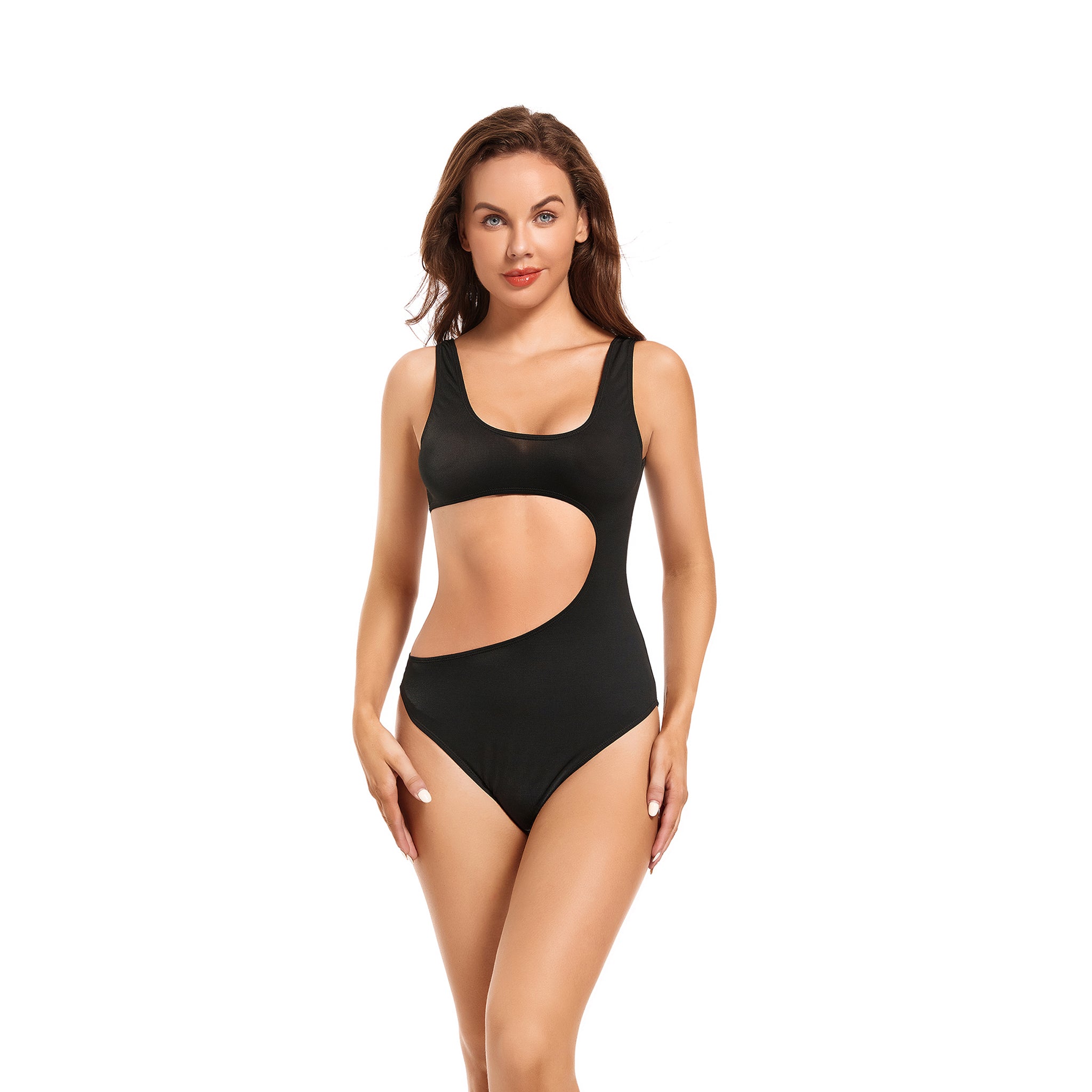 Women's Cutout Tan Through One Piece Swimsuit - Professional Sun-Permeable Monokini - Minimalist Quick-Dry High Cut Bathing Suit, Black