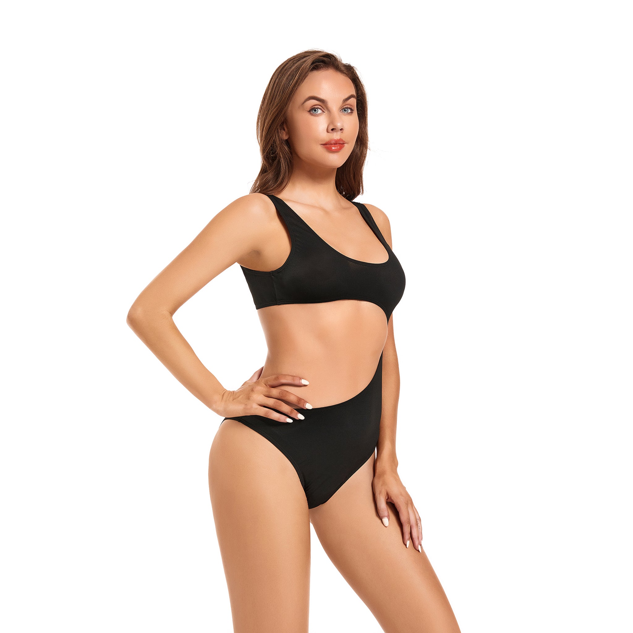 Women's Cutout Tan Through One Piece Swimsuit - Professional Sun-Permeable Monokini - Minimalist Quick-Dry High Cut Bathing Suit, Black
