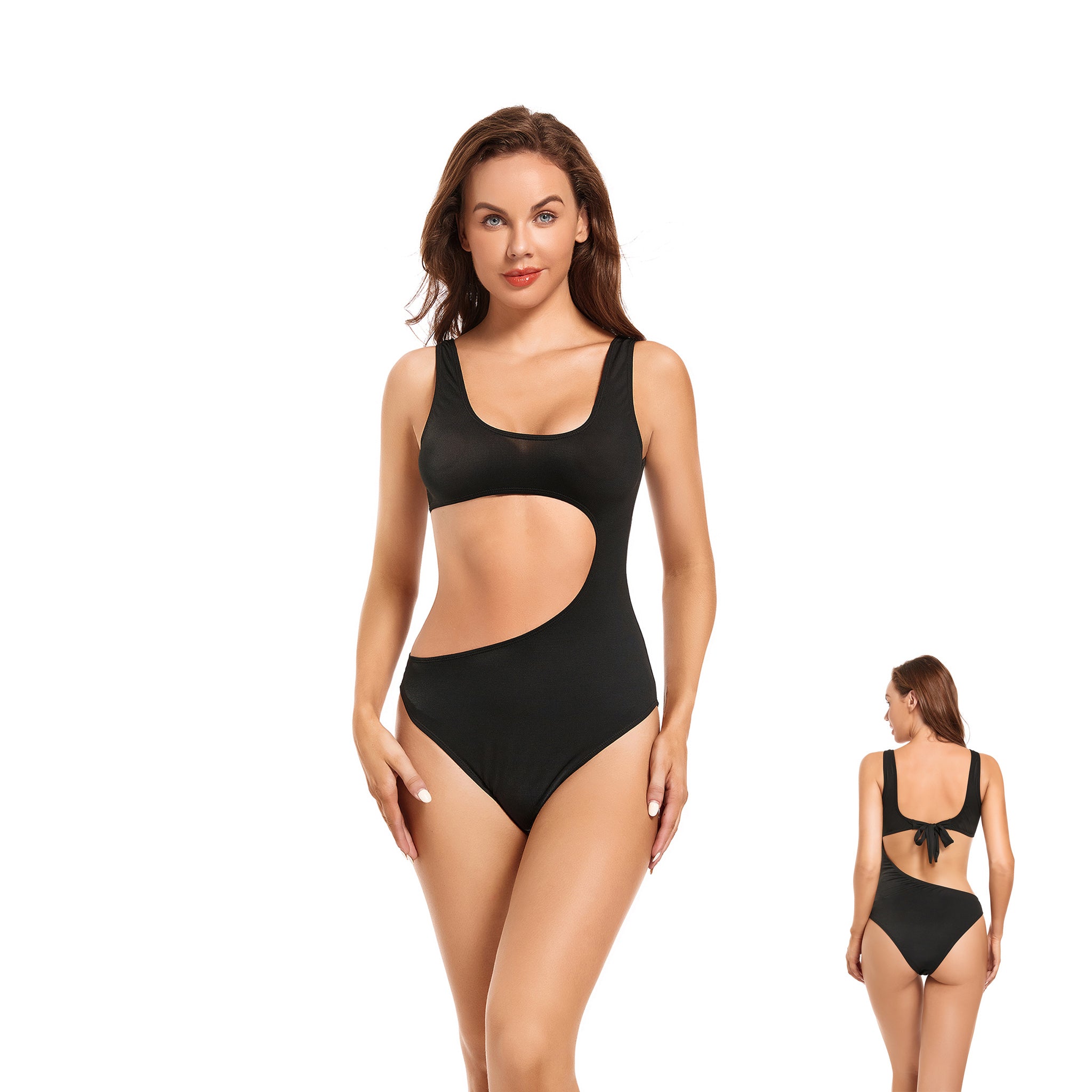 Women's Cutout Tan Through One Piece Swimsuit - Professional Sun-Permeable Monokini - Minimalist Quick-Dry High Cut Bathing Suit, Black