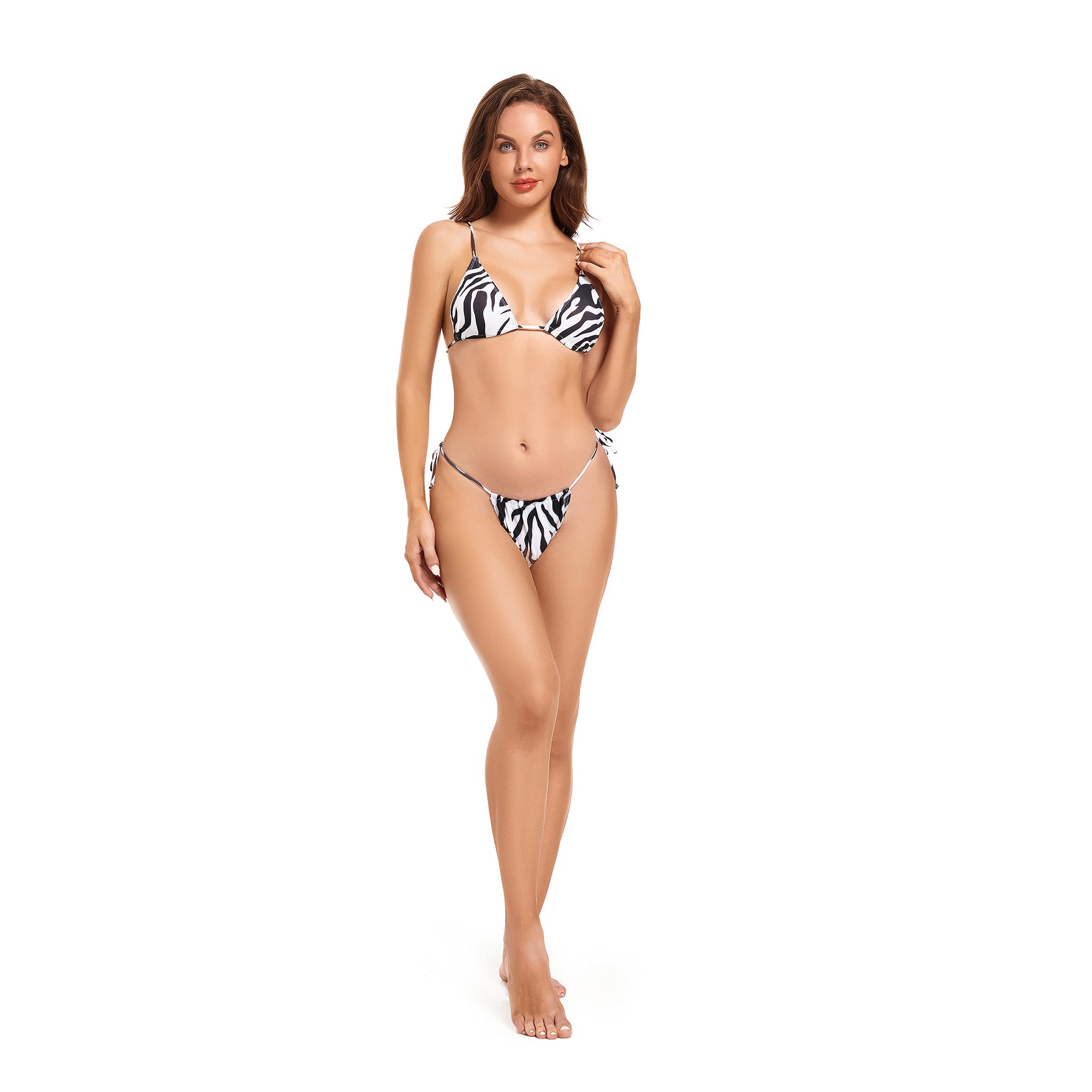 Zebra Print Bikini Set for Women - Side-Tie Cheeky Bottom Triangle Top Two-Piece Swimwear Female - Tan Through Minimise Tan Lines Bathing Suit Woman's