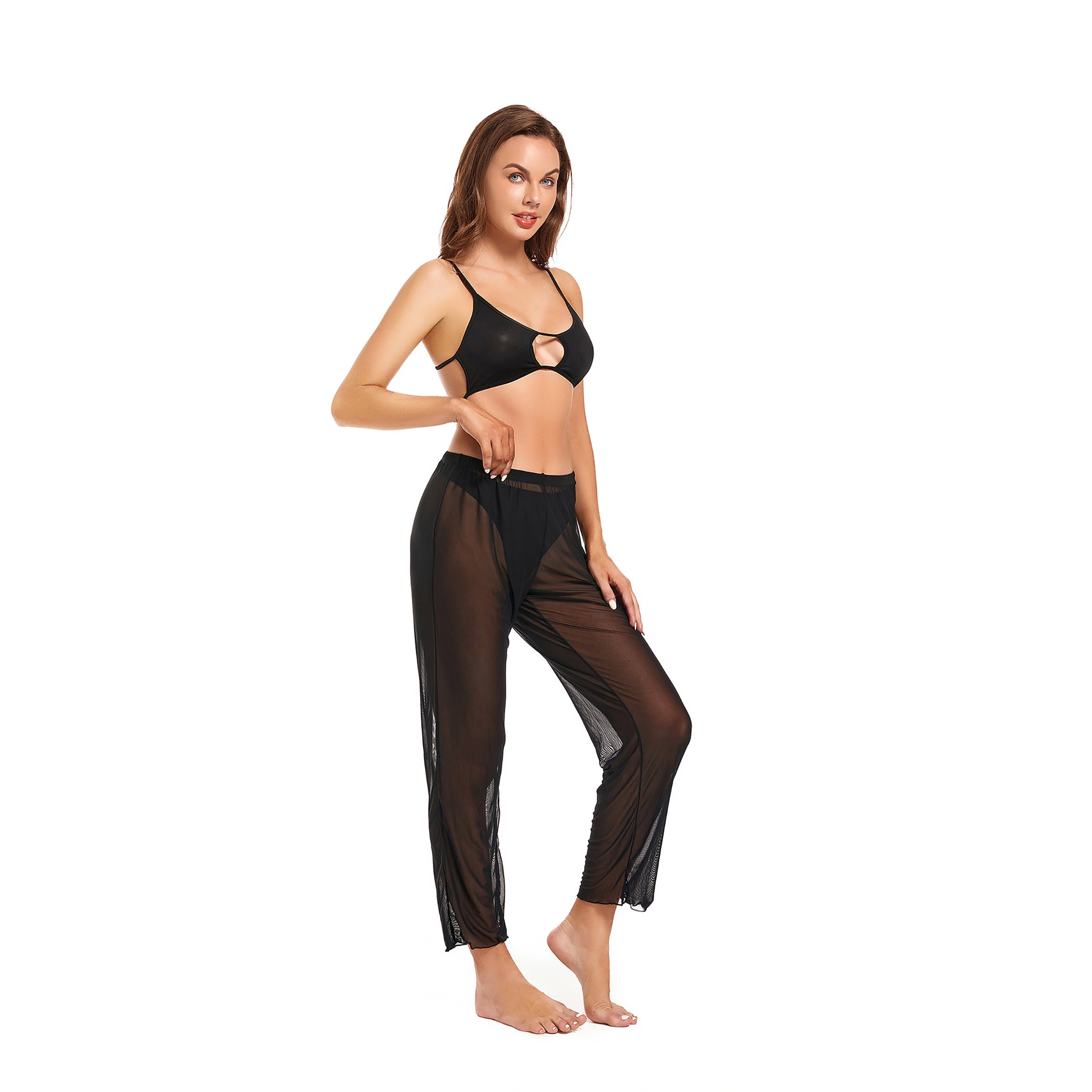 Women's Tan Through Beach Cover Up Pants - Sheer Mesh High Waisted Cropped Trousers - Breathable Sun-Permeable Mesh Tights for Pool & Resort, Black