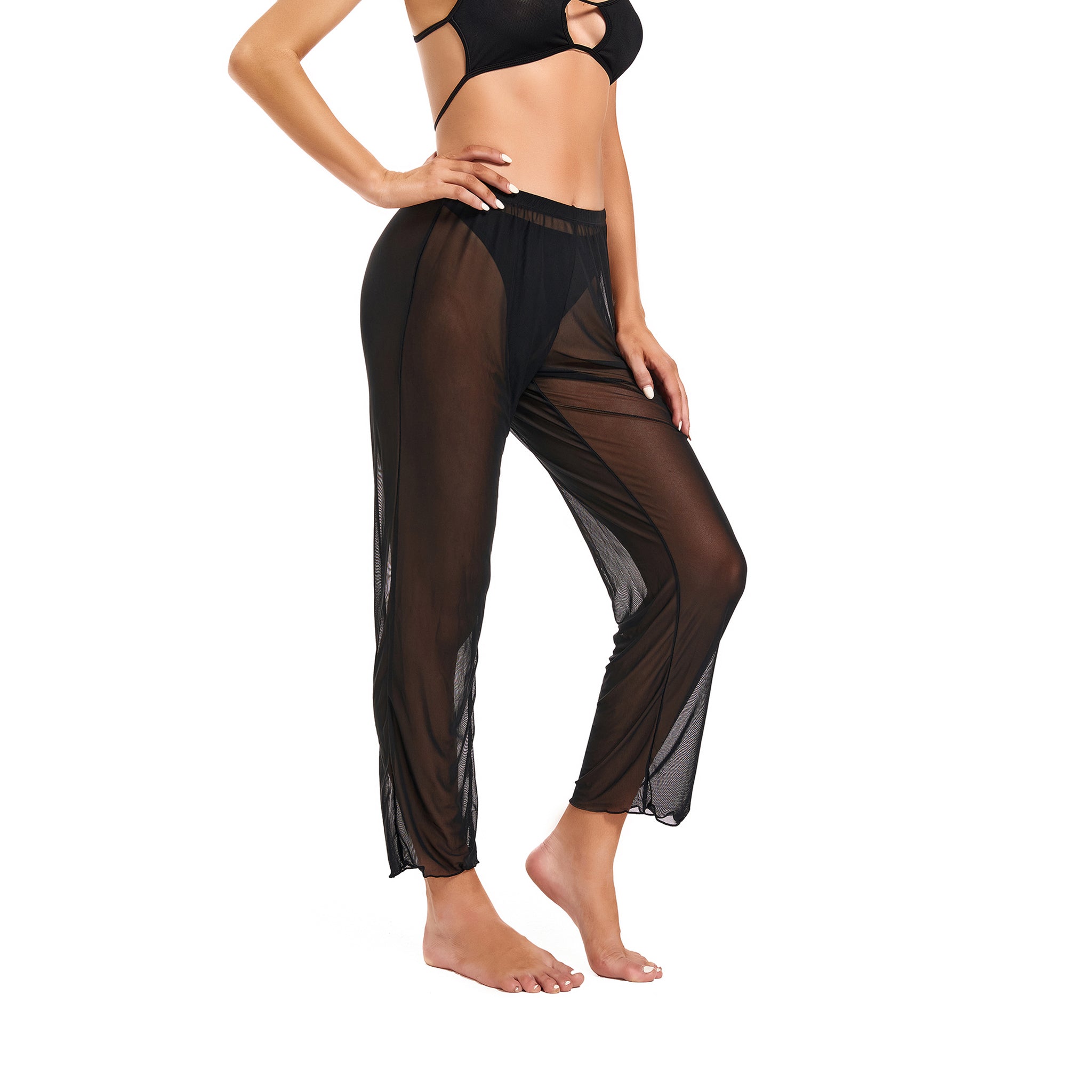Women's Tan Through Beach Cover Up Pants - Sheer Mesh High Waisted Cropped Trousers - Breathable Sun-Permeable Mesh Tights for Pool & Resort, Black