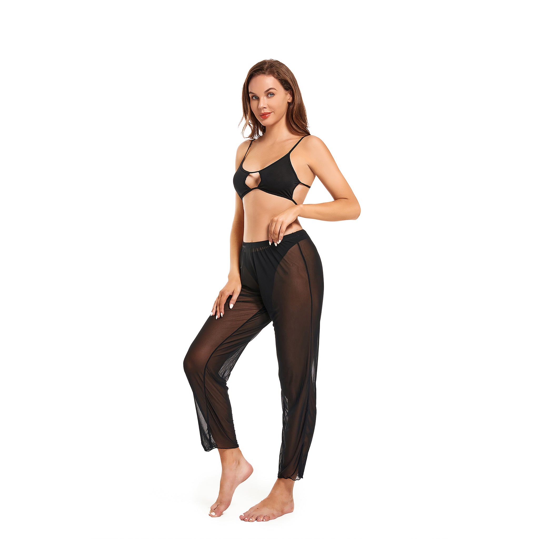 Women's Tan Through Beach Cover Up Pants - Sheer Mesh High Waisted Cropped Trousers - Breathable Sun-Permeable Mesh Tights for Pool & Resort, Black