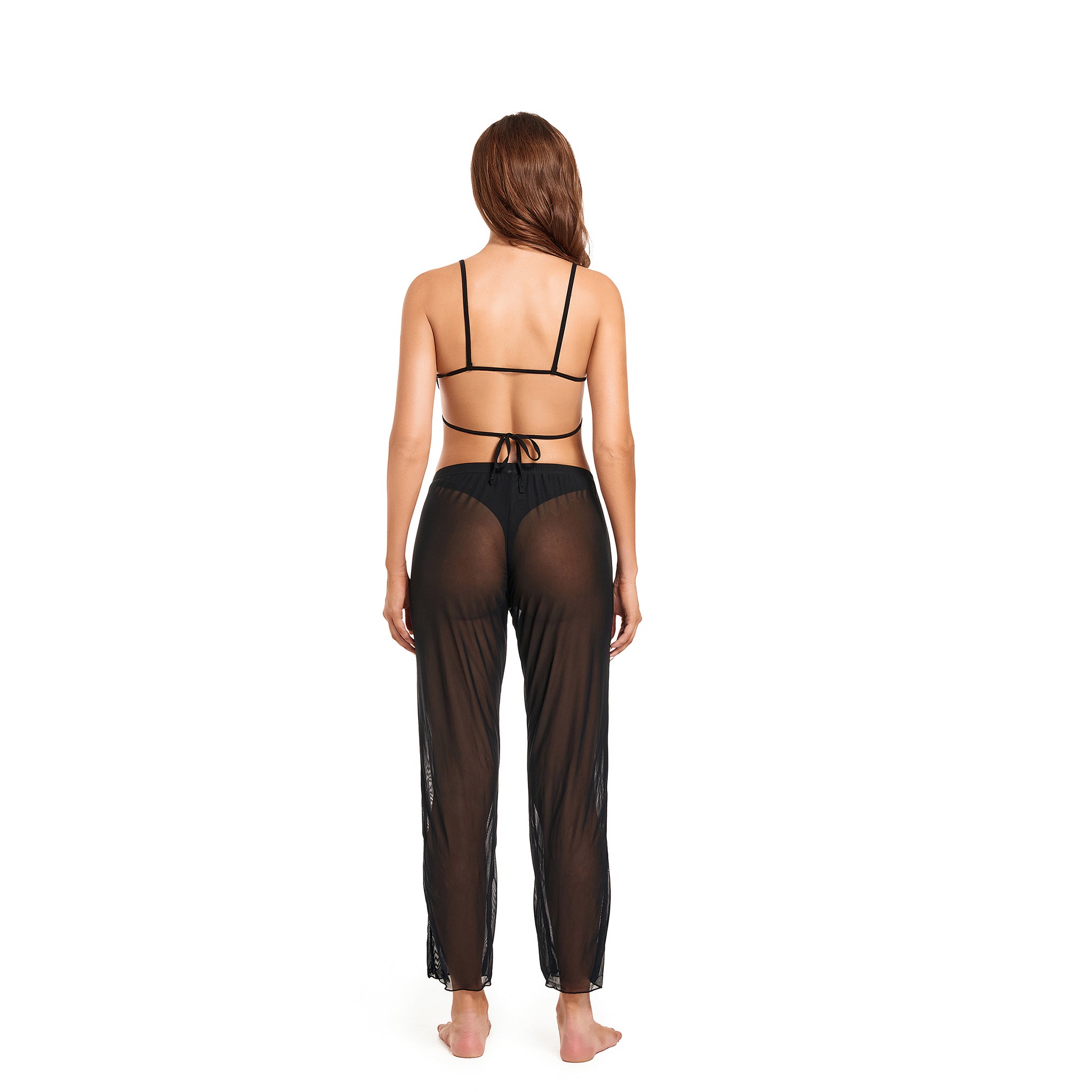 Women's Tan Through Beach Cover Up Pants - Sheer Mesh High Waisted Cropped Trousers - Breathable Sun-Permeable Mesh Tights for Pool & Resort, Black