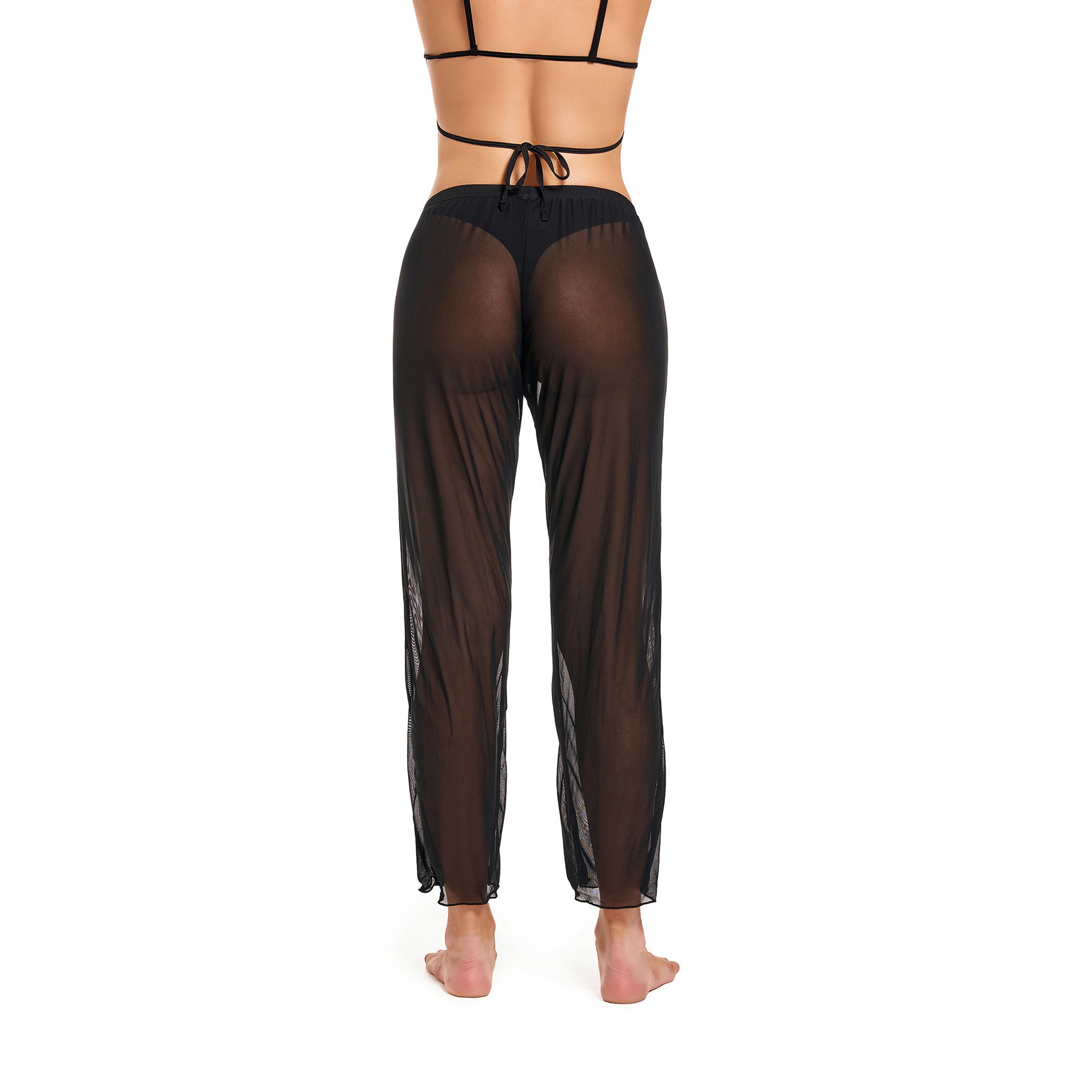 Women's Tan Through Beach Cover Up Pants - Sheer Mesh High Waisted Cropped Trousers - Breathable Sun-Permeable Mesh Tights for Pool & Resort, Black
