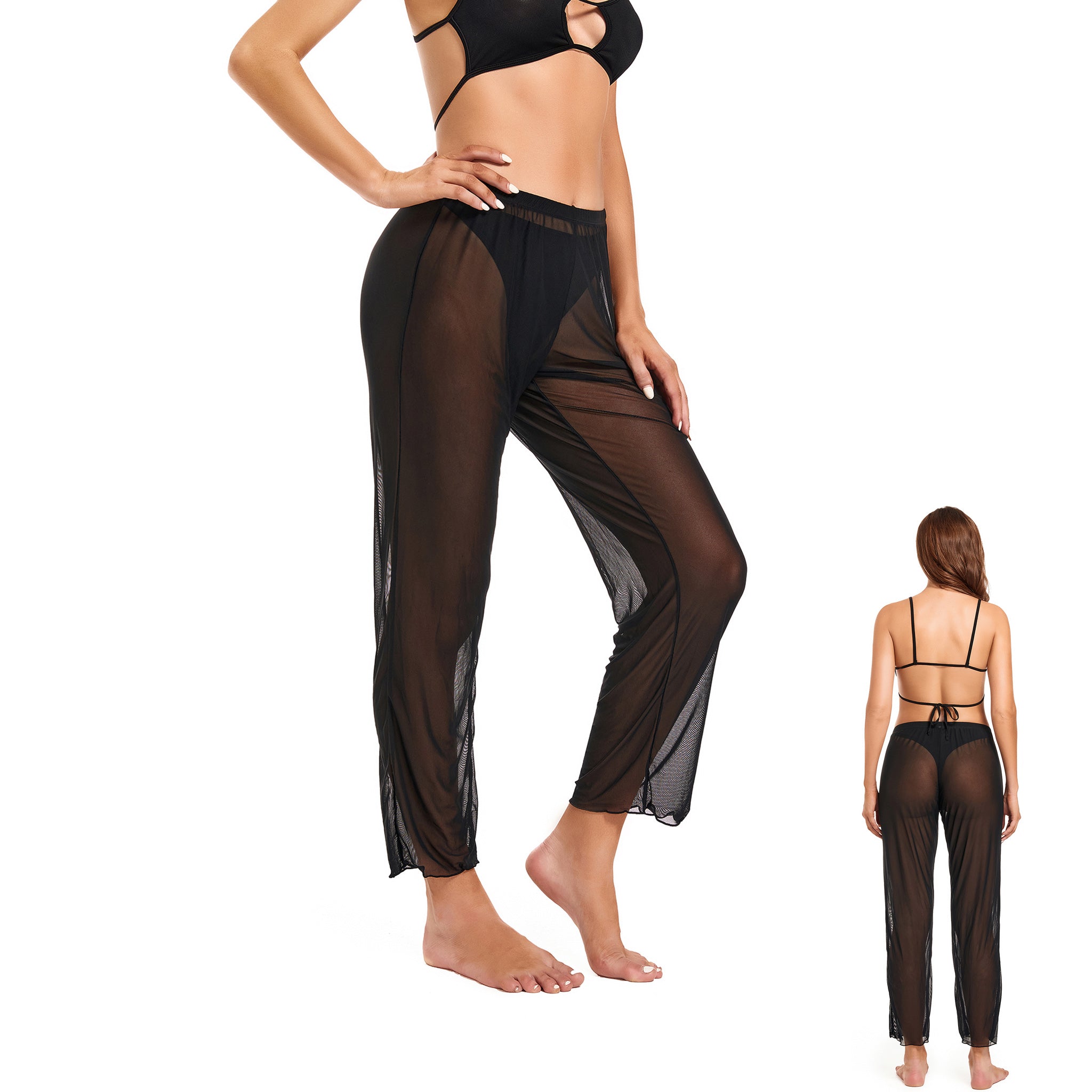 Women's Tan Through Beach Cover Up Pants - Sheer Mesh High Waisted Cropped Trousers - Breathable Sun-Permeable Mesh Tights for Pool & Resort, Black
