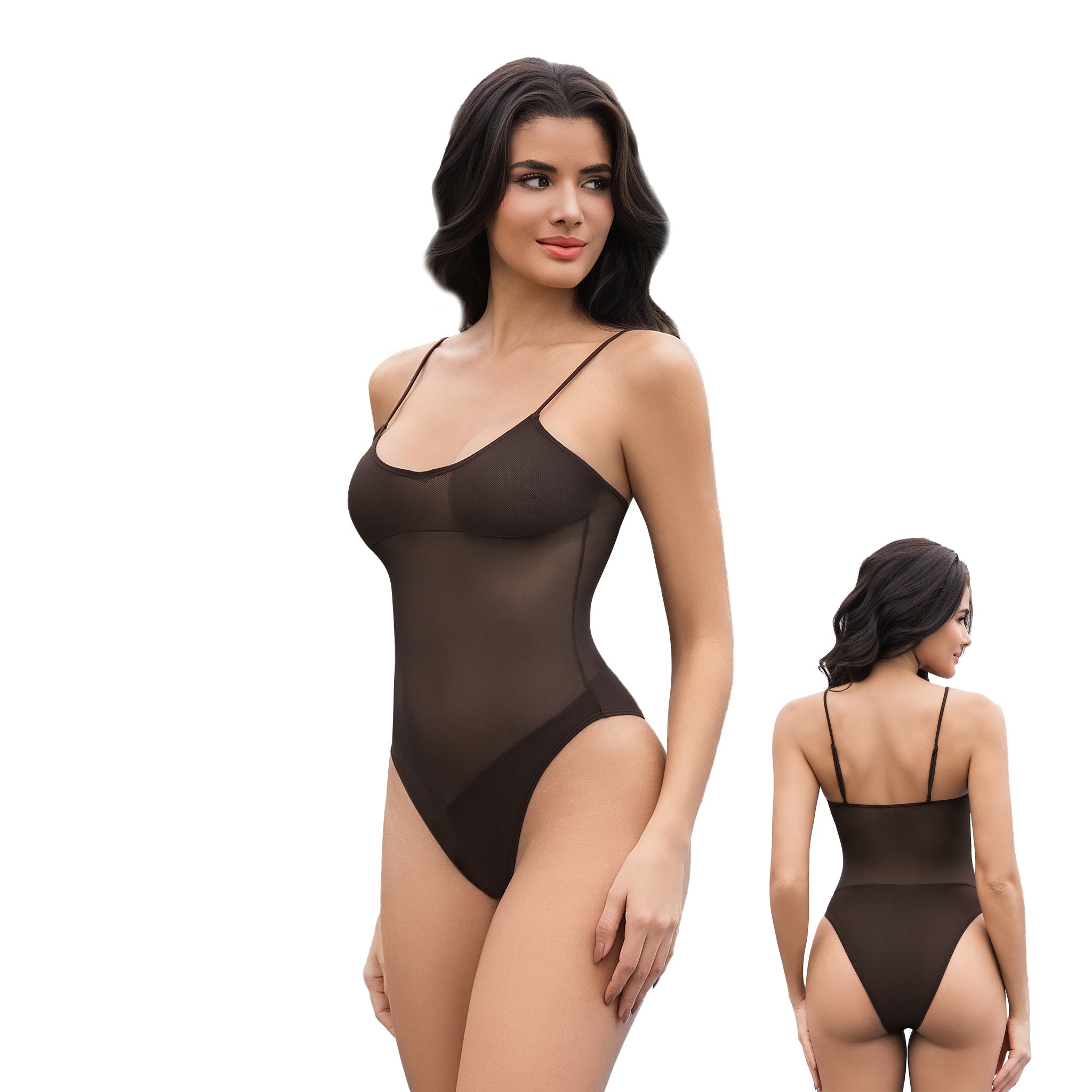 Women's Brown Tan Through One Piece Swimsuit - Sheer Mesh Waist Monokini - Minimise Tan Lines UV Permeable Woman Adjustable Spaghetti Strap High Cut Bathing Suit
