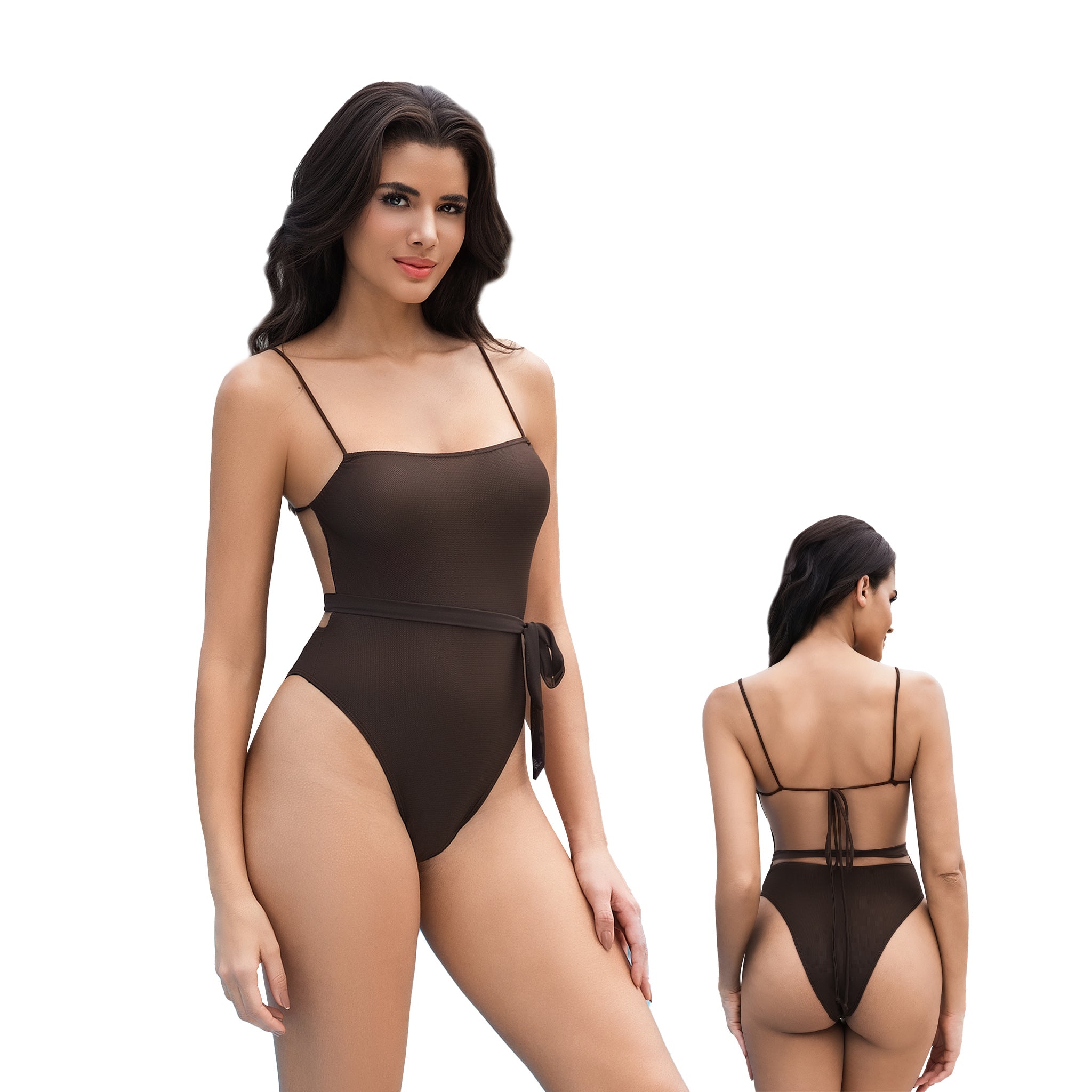 Women's Waist Tie Tan Through One Piece Swimsuit - Brown Lace-Up Open Back Monokini - Minimise Tan Lines UV Permeable Woman Square Neck High Cut Leg Bathing Suit