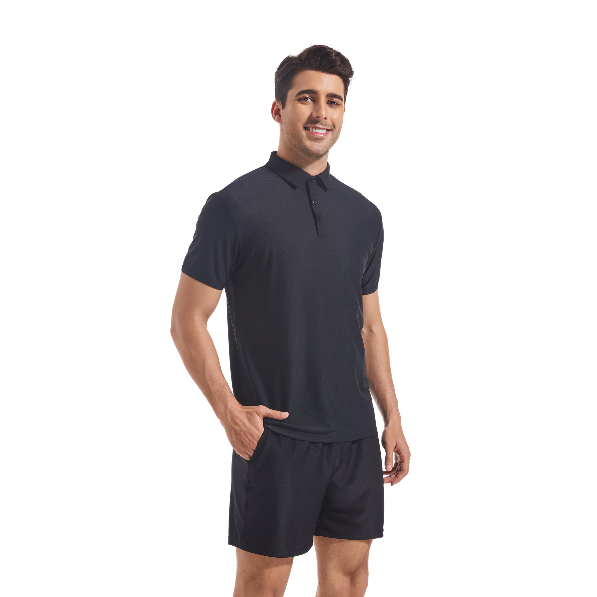 Men's Tan Through Black Polo Shirt & Shorts Set - Sun-Permeable Minimise Tan Lines Technology Male Mesh Poolside Beach Wear