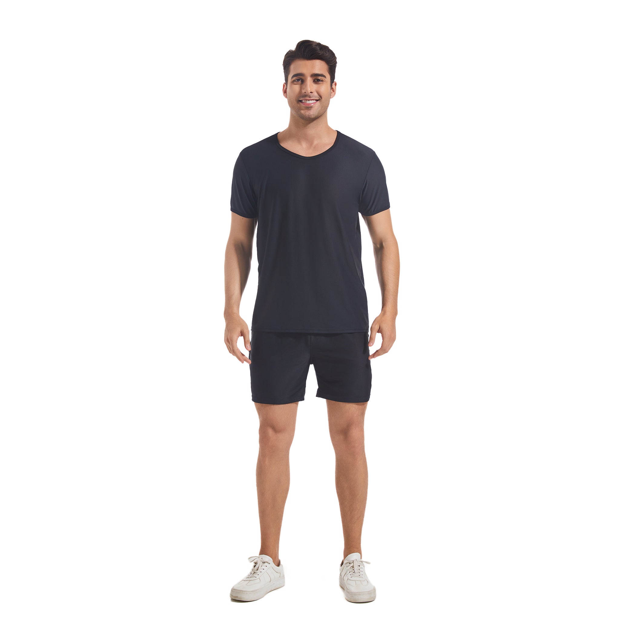 Black Round Neck T-shirt & Shorts Set for Men - Tan Through Minimise Tan Lines Sun-Permeable Mesh Swimwear Male Poolside Sportswear Pocketed