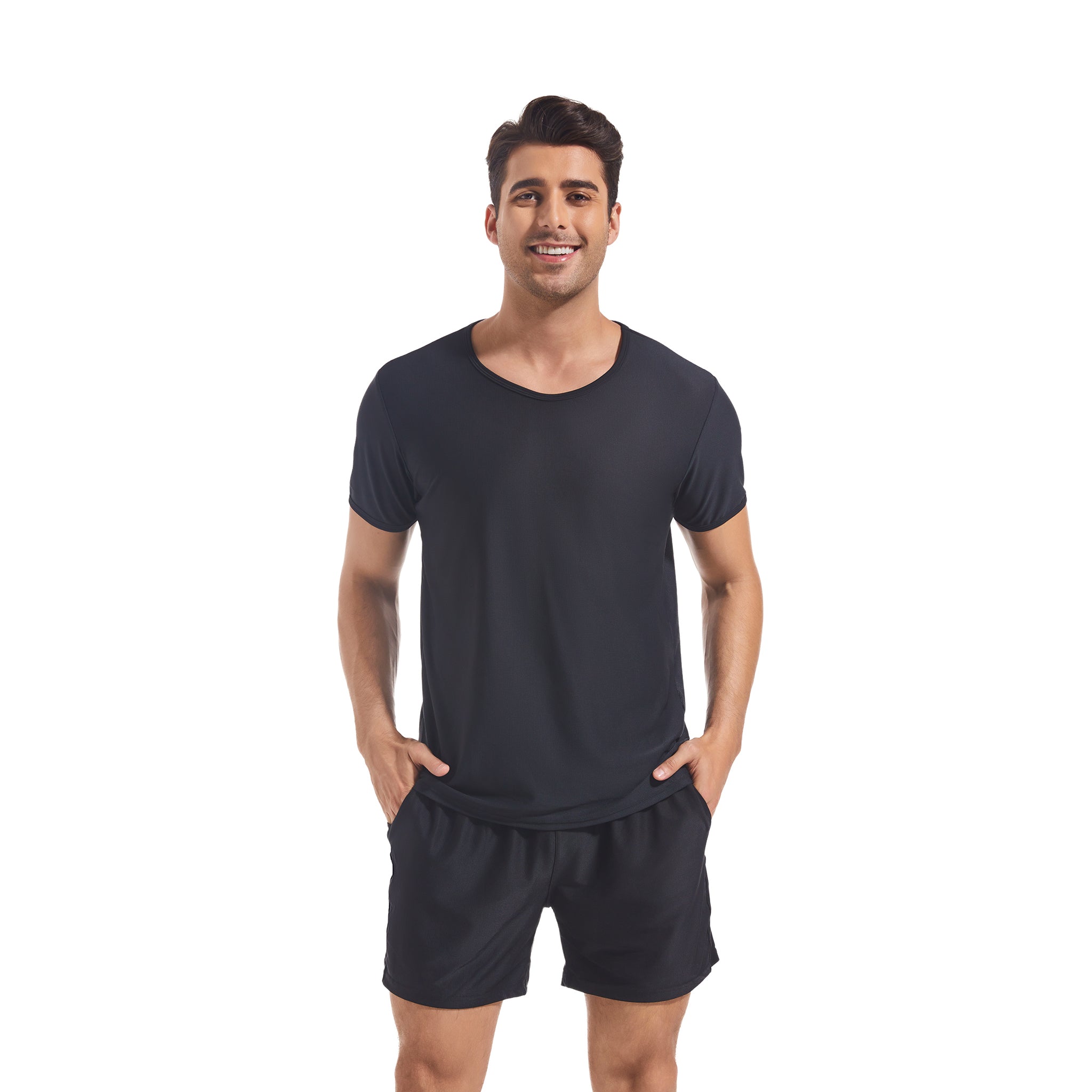 Black Round Neck T-shirt & Shorts Set for Men - Tan Through Minimise Tan Lines Sun-Permeable Mesh Swimwear Male Poolside Sportswear Pocketed