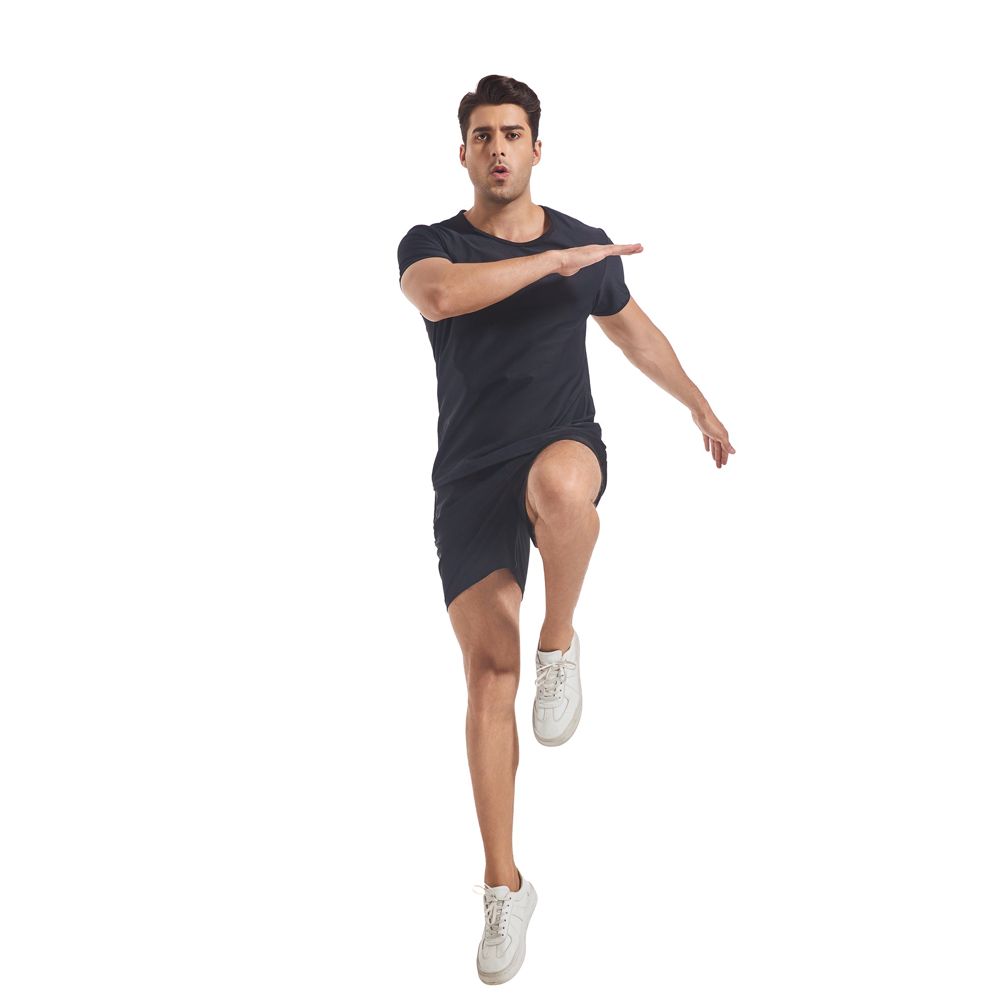 Black Round Neck T-shirt & Shorts Set for Men - Tan Through Minimise Tan Lines Sun-Permeable Mesh Swimwear Male Poolside Sportswear Pocketed