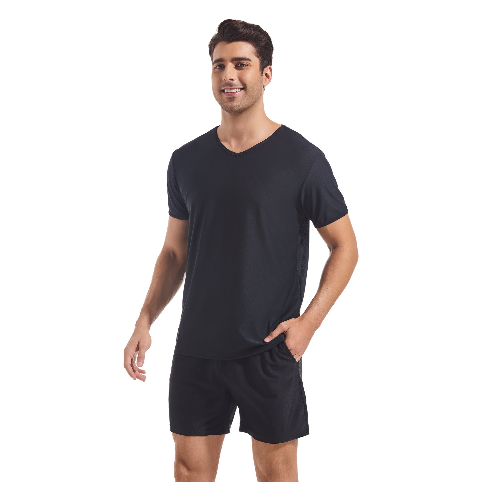 Men's Tan Through Black V-Neck T-Shirt & Shorts | UV-Permeable Fabric for Even Tanning