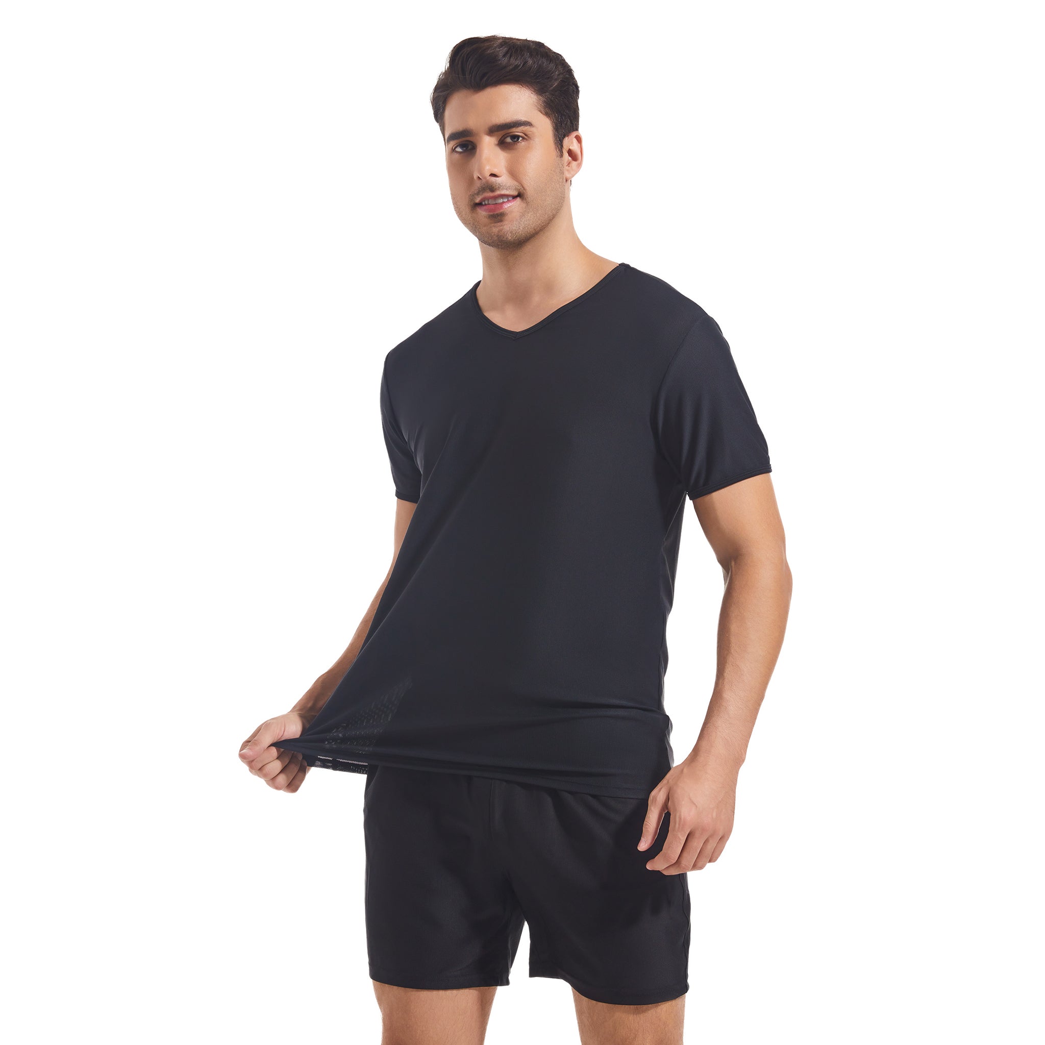 Men's Tan Through Black V-Neck T-Shirt & Shorts | UV-Permeable Fabric for Even Tanning