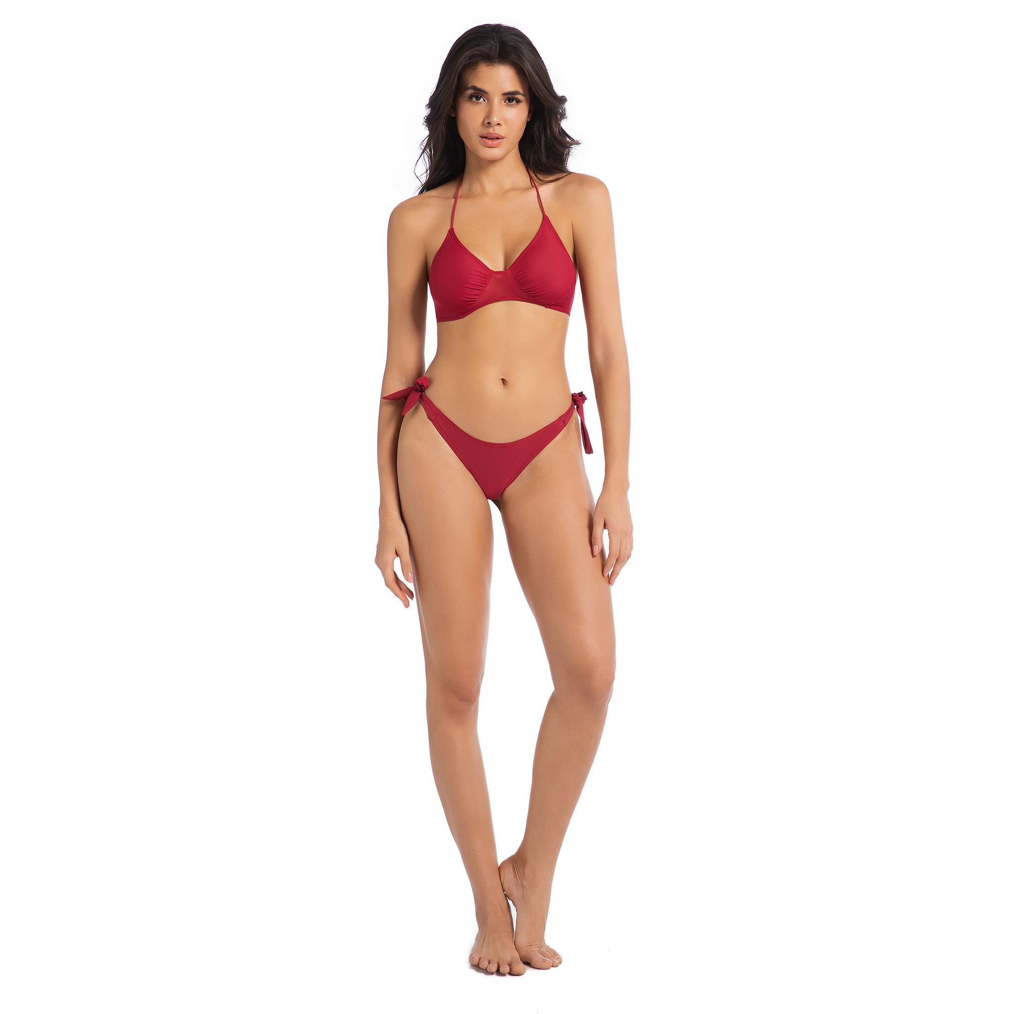Minimise Tan Lines Women's Tan Through Bikini Set - Cherry Red UV Permeable Woman 2-Piece Swimwear - Ruched Halter Ribbed Mesh Panel Side Tie Bathing Suit