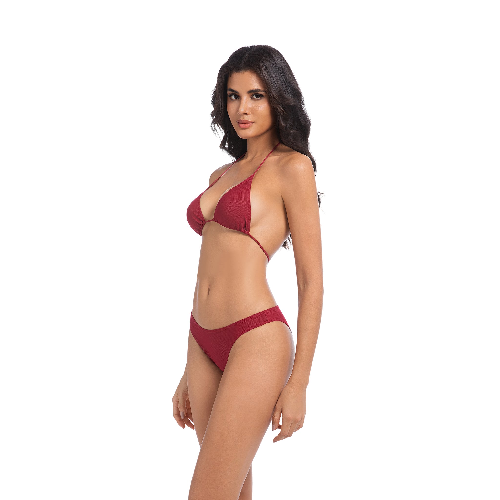 Women's Cherry Red Tan Through Bikini Set - Triangle Halter 2-Piece Swimwear - Minimise Tan Lines UV Permeable Woman Ribbed Minimal High Cut Bathing Suit
