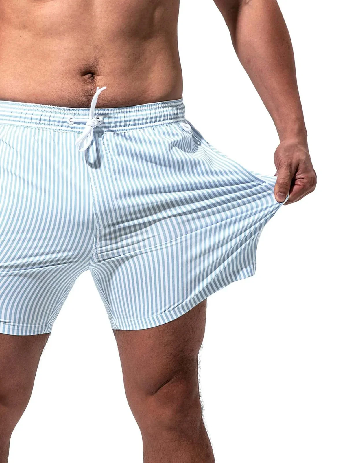 Light Blue Stripe Men's Swimwear - Sun-Permeable Pocketed Quick-Dry Board Shorts - Tan Through Minimise Tan Lines Beach Trunks Male Bathing Suit