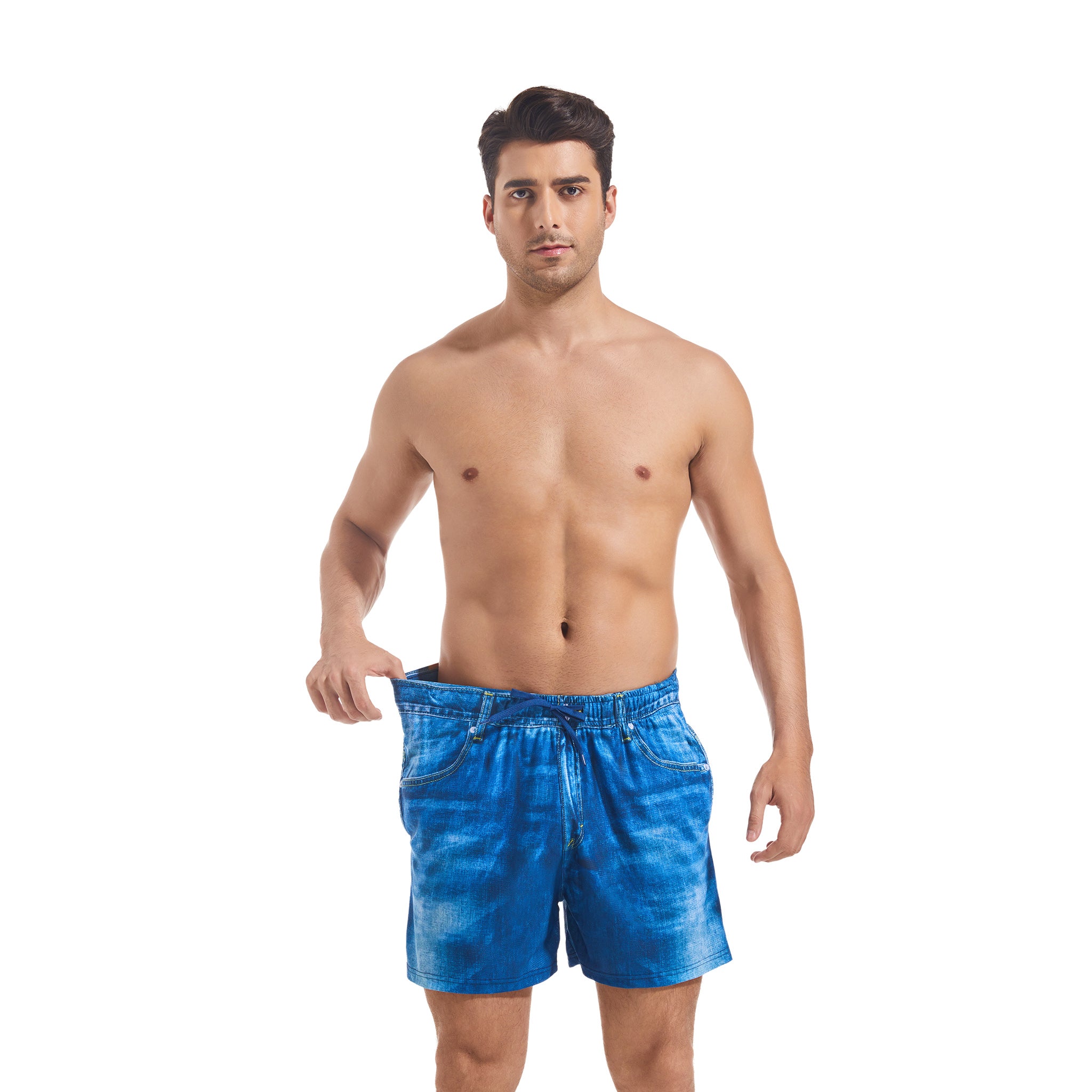 Men's Swim Trunks Realistic Denim Print - Minimise Tan Lines Tan Through Quick-Dry Board Shorts - Elastic Waist Drawstring Male Swimwear Casual Pocketed Boardshorts for Man