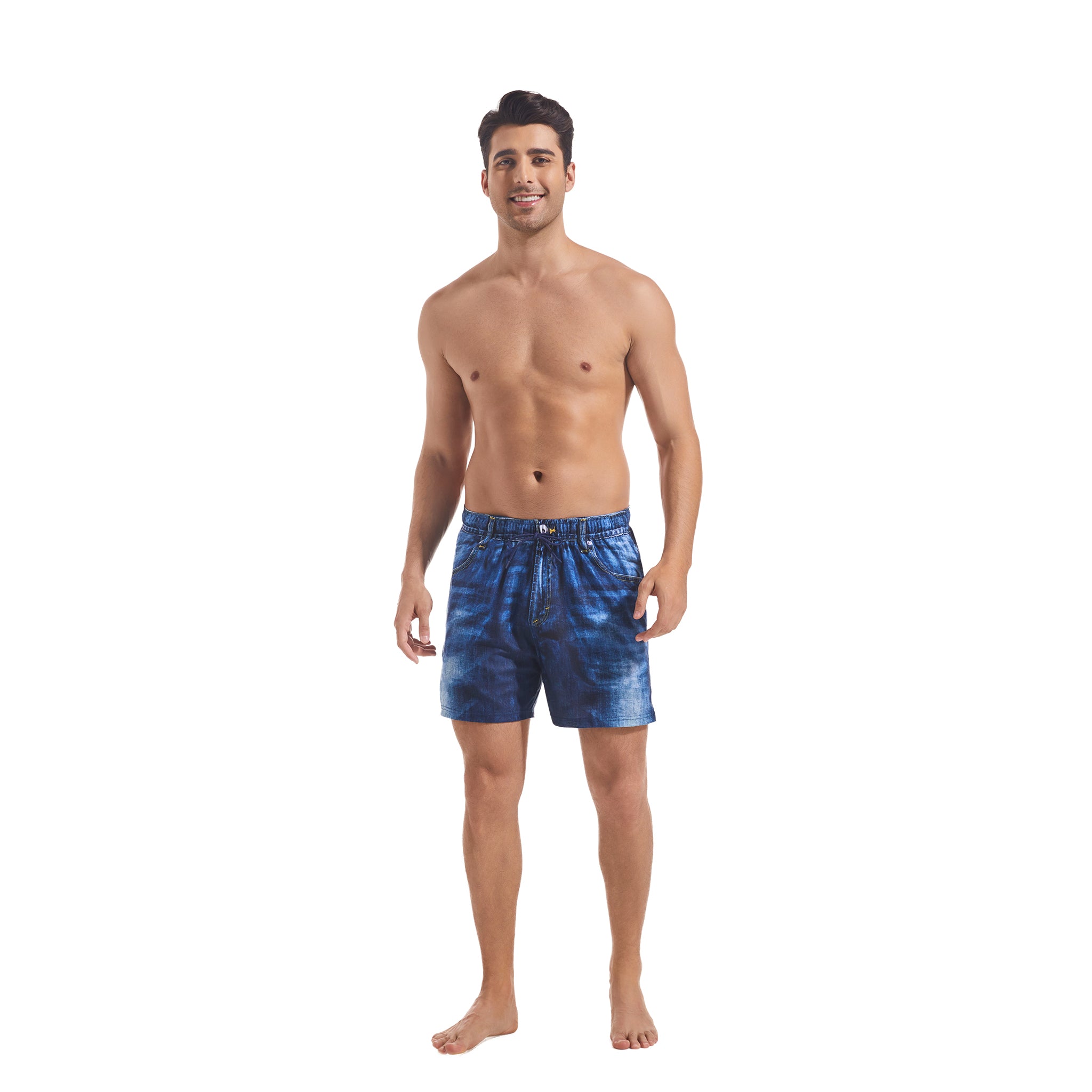 Tan Through Minimise Tan Lines Men's Swim Trunks Washed Denim Print - Quick-Dry Elastic Waist Drawstring Board Shorts - Male Casual Multi-Pocket Boardshorts for Man