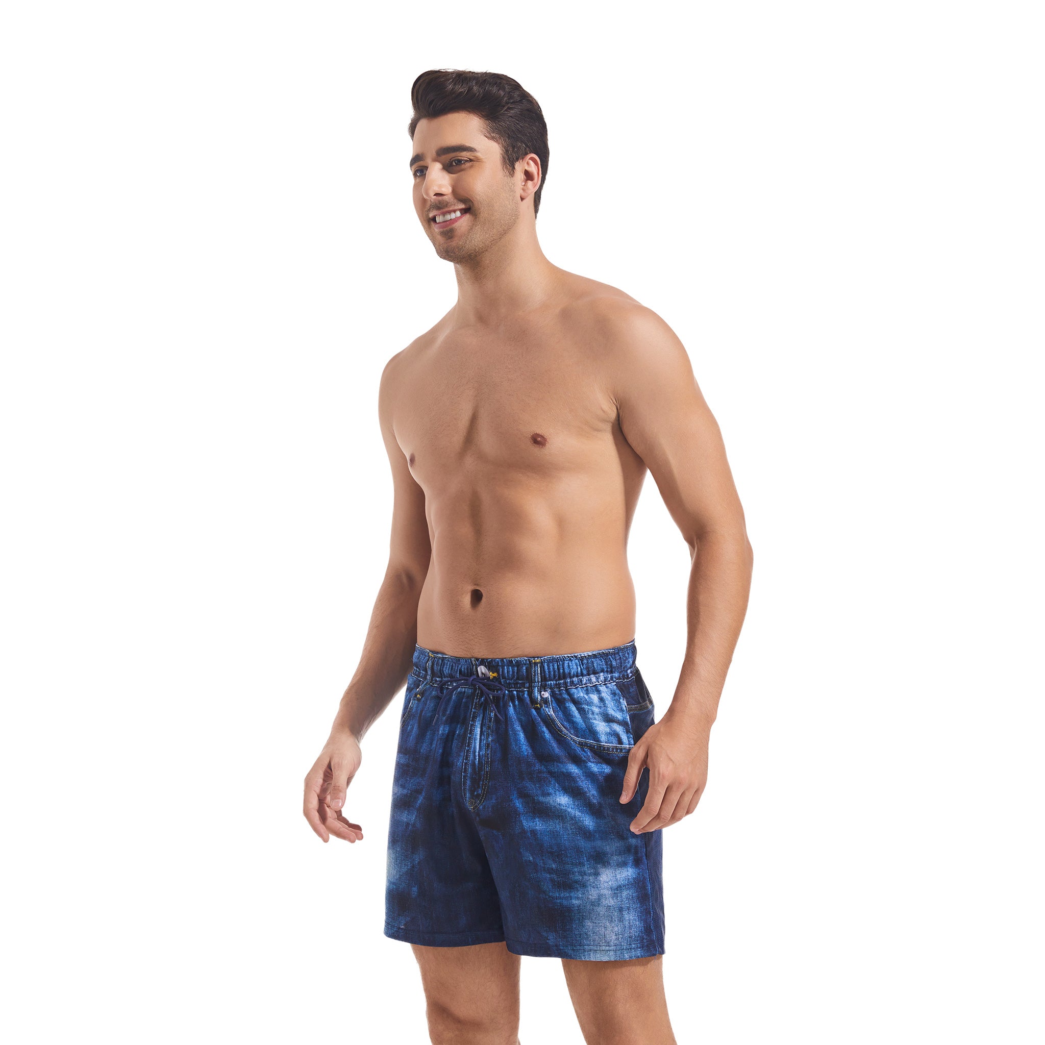 Tan Through Minimise Tan Lines Men's Swim Trunks Washed Denim Print - Quick-Dry Elastic Waist Drawstring Board Shorts - Male Casual Multi-Pocket Boardshorts for Man
