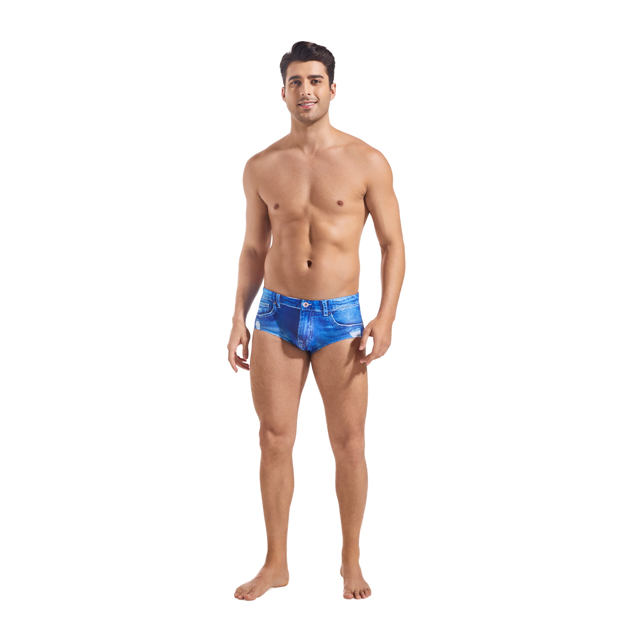 Distressed Denim Print Men's Swim Briefs - Tan Through Minimise Tan Lines Low-Rise Male Swimwear - Quick-Dry Form-Fitting Bikini Trunks for Man Casual Beach Shorts