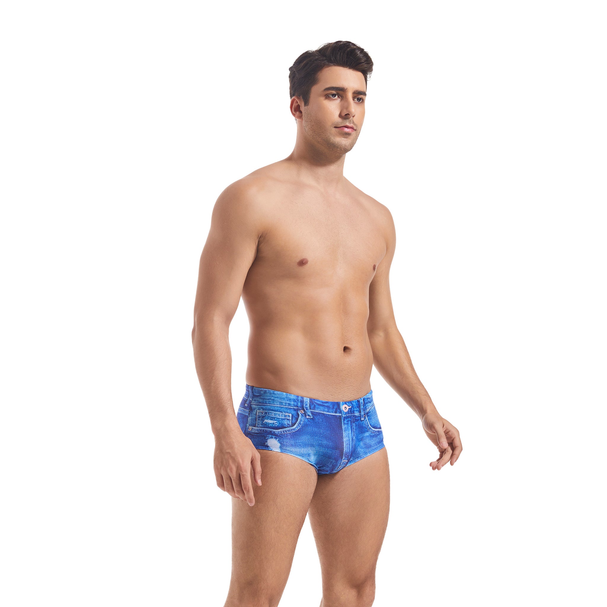 Distressed Denim Print Men's Swim Briefs - Tan Through Minimise Tan Lines Low-Rise Male Swimwear - Quick-Dry Form-Fitting Bikini Trunks for Man Casual Beach Shorts