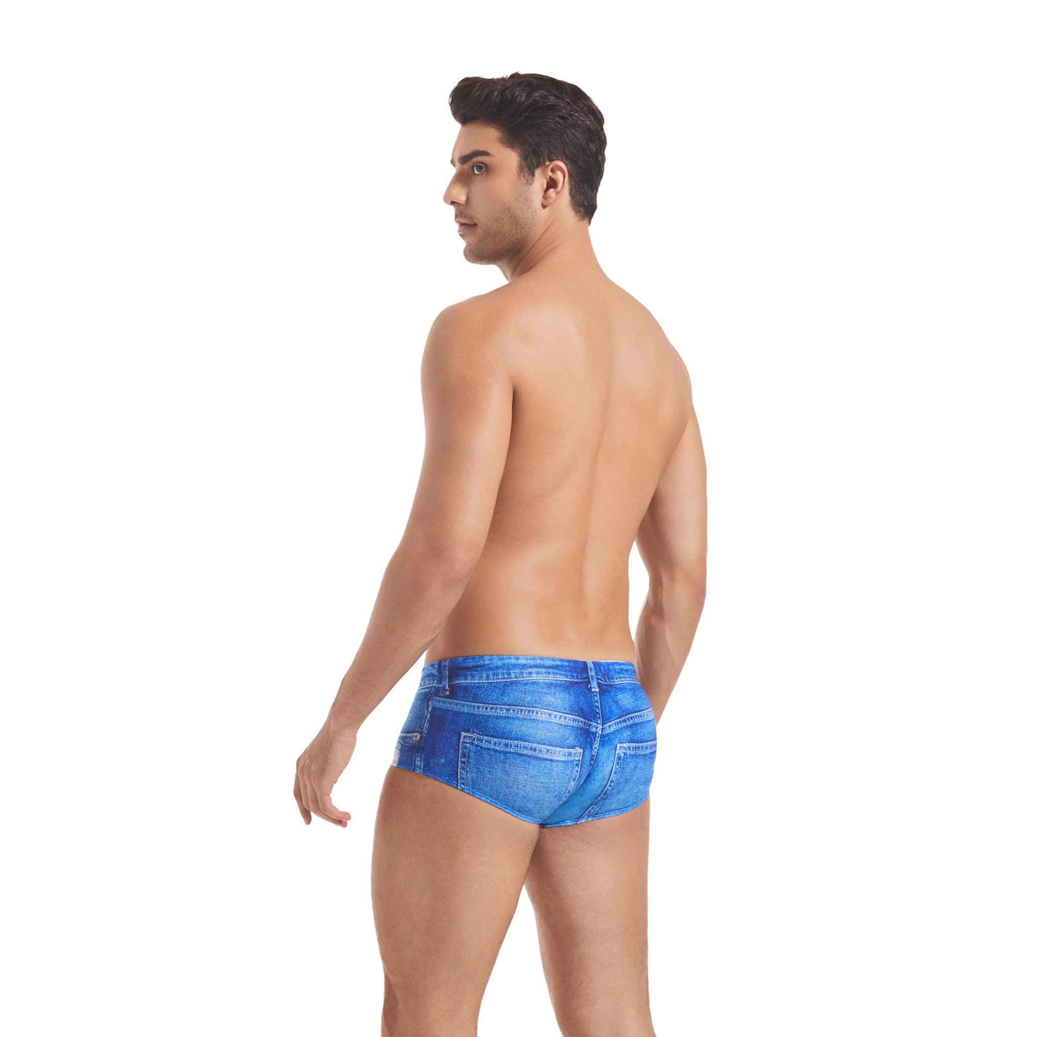Distressed Denim Print Men's Swim Briefs - Tan Through Minimise Tan Lines Low-Rise Male Swimwear - Quick-Dry Form-Fitting Bikini Trunks for Man Casual Beach Shorts