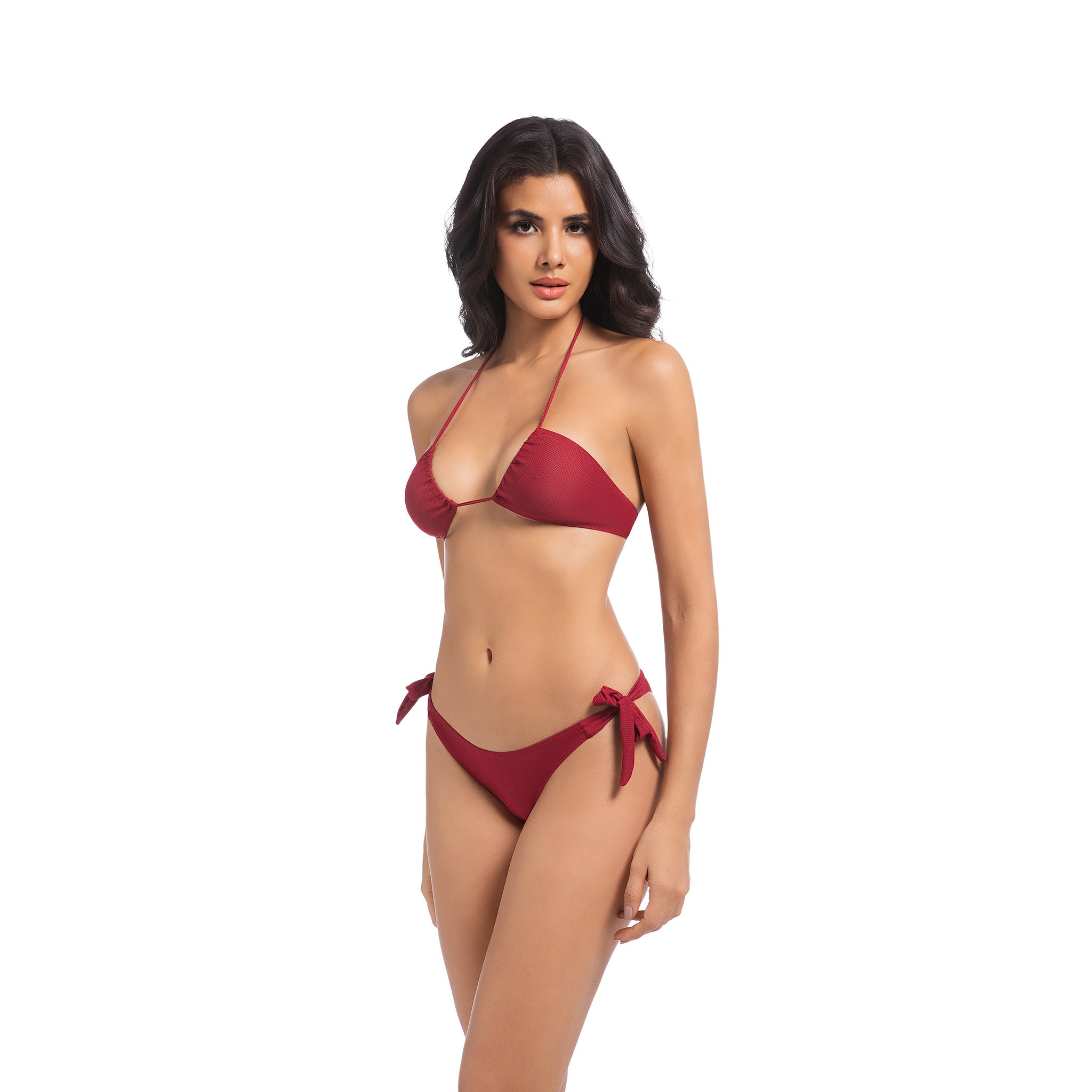 Women's Cherry Red Tan Through Bikini Set - Ruched Halter 2-Piece Swimwear - Minimise Tan Lines UV Permeable Woman Ribbed Side Tie Bow Bathing Suit