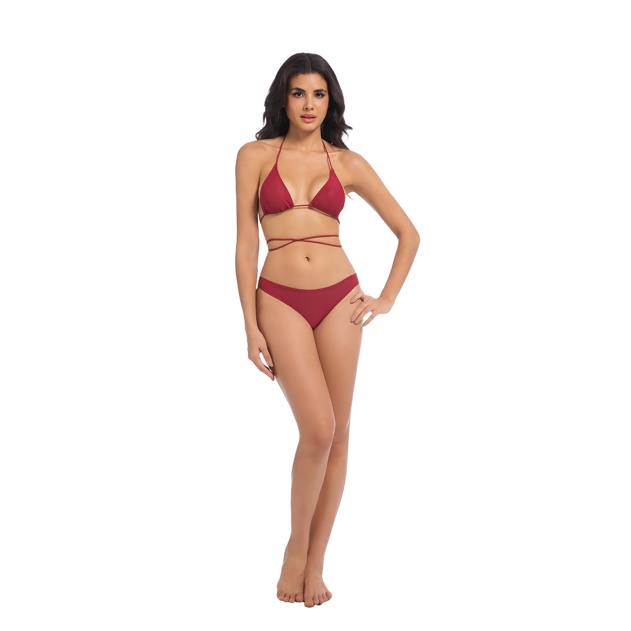 Women's Cherry Red Tan Through Bikini Set - Multi-Way Wrap Triangle 2-Piece Swimwear - Minimise Tan Lines UV Permeable Woman Ribbed High Cut Bathing Suit