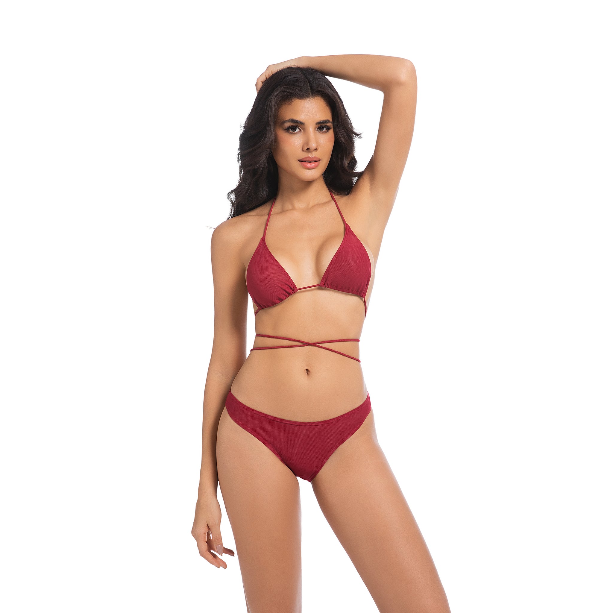 Women's Cherry Red Tan Through Bikini Set - Multi-Way Wrap Triangle 2-Piece Swimwear - Minimise Tan Lines UV Permeable Woman Ribbed High Cut Bathing Suit
