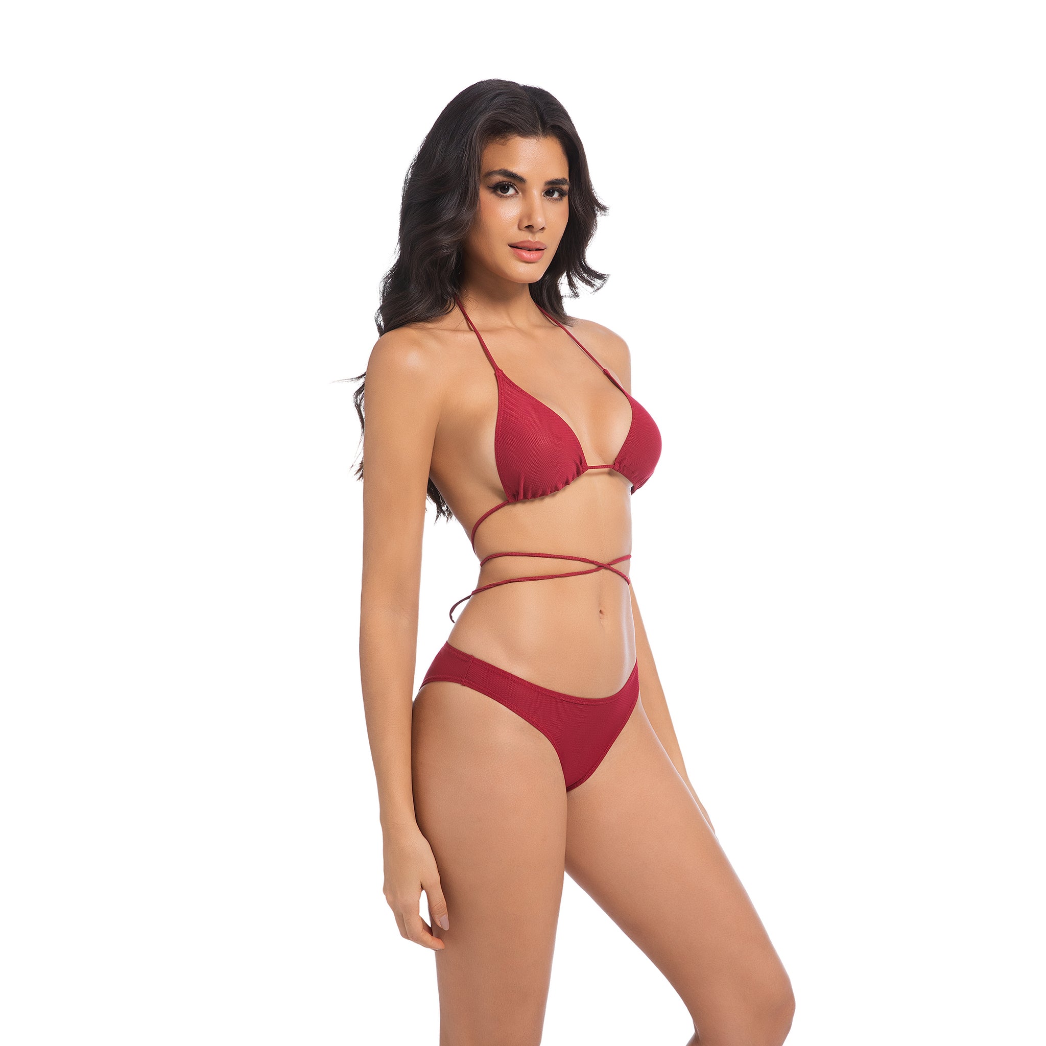 Women's Cherry Red Tan Through Bikini Set - Multi-Way Wrap Triangle 2-Piece Swimwear - Minimise Tan Lines UV Permeable Woman Ribbed High Cut Bathing Suit