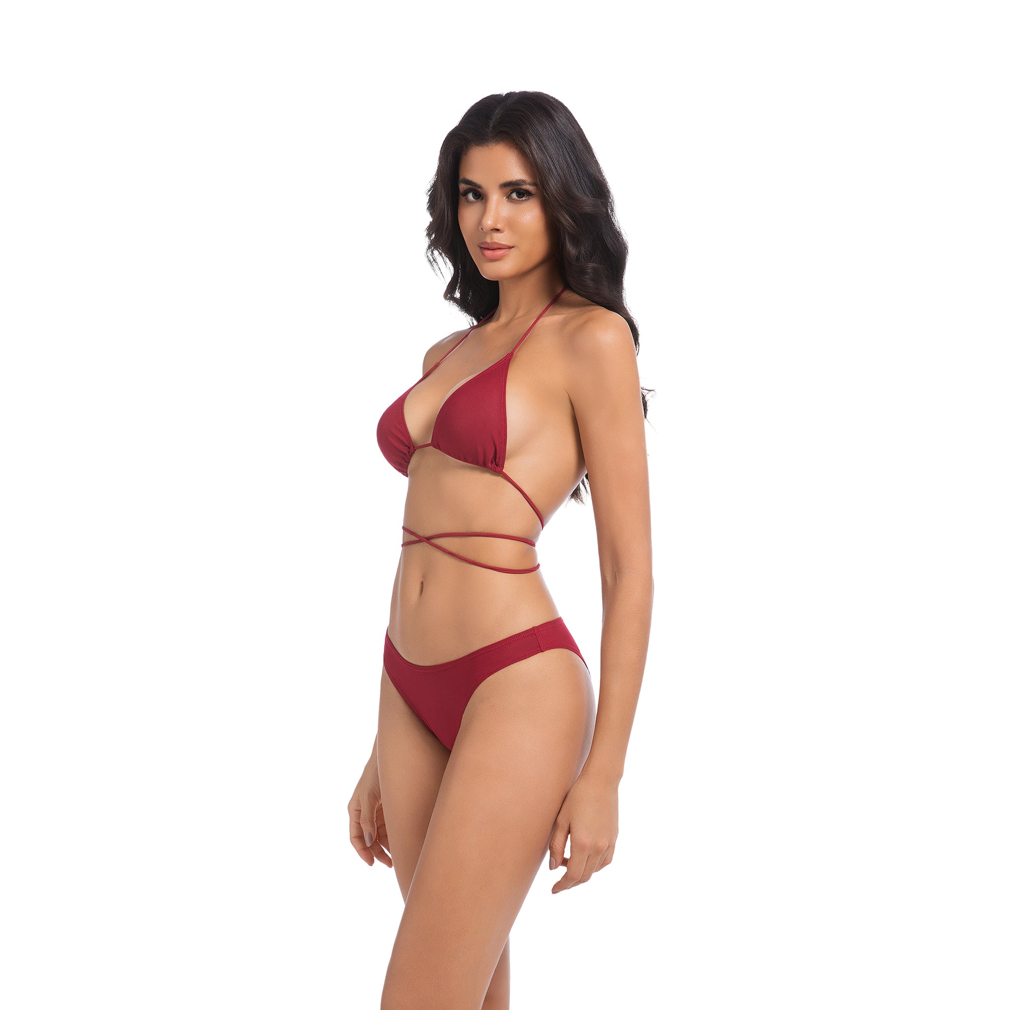 Women's Cherry Red Tan Through Bikini Set - Multi-Way Wrap Triangle 2-Piece Swimwear - Minimise Tan Lines UV Permeable Woman Ribbed High Cut Bathing Suit