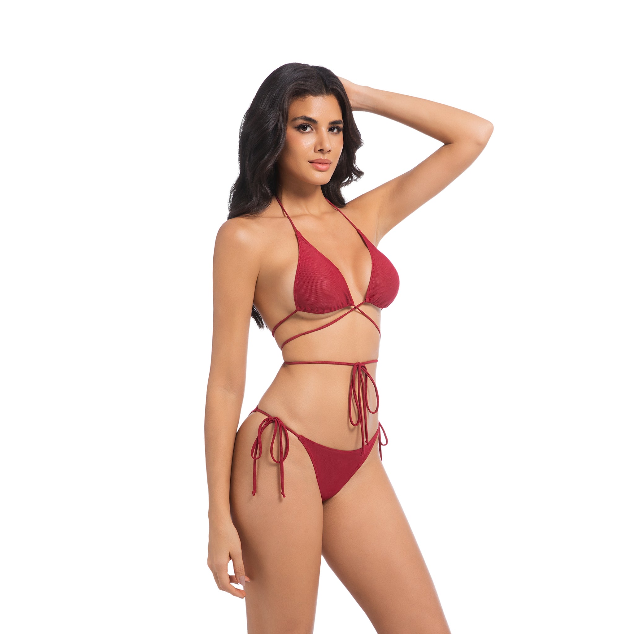 Women's Cherry Red Tan Through Bikini Set - Multi-Way Wrap Around 2-Piece Swimwear - Minimise Tan Lines UV Permeable Woman Ribbed Side Tie Bathing Suit