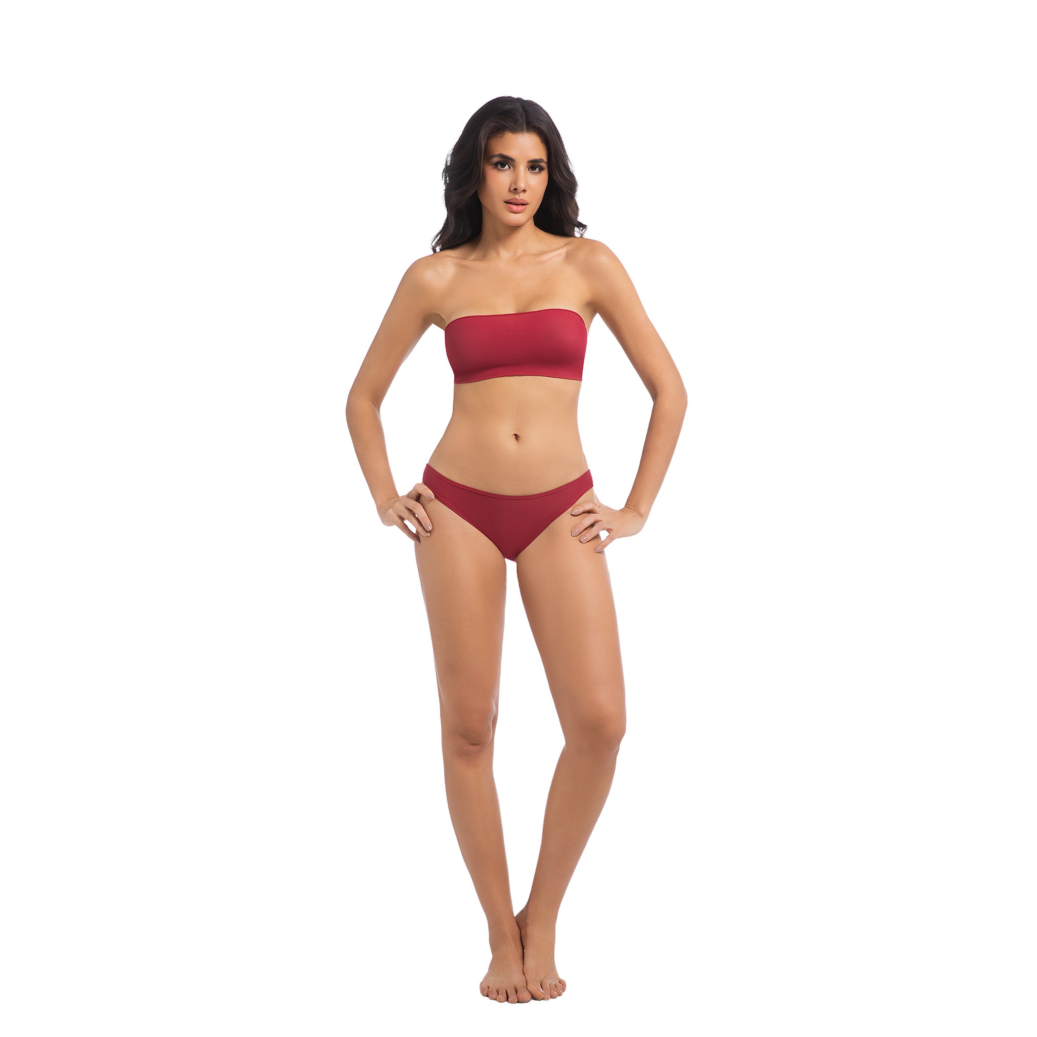 Women's Cherry Red Tan Through Bikini Set - Strapless Bandeau 2-Piece Swimwear - Minimise Tan Lines UV Permeable Woman Ribbed Large Bow Back Bathing Suit