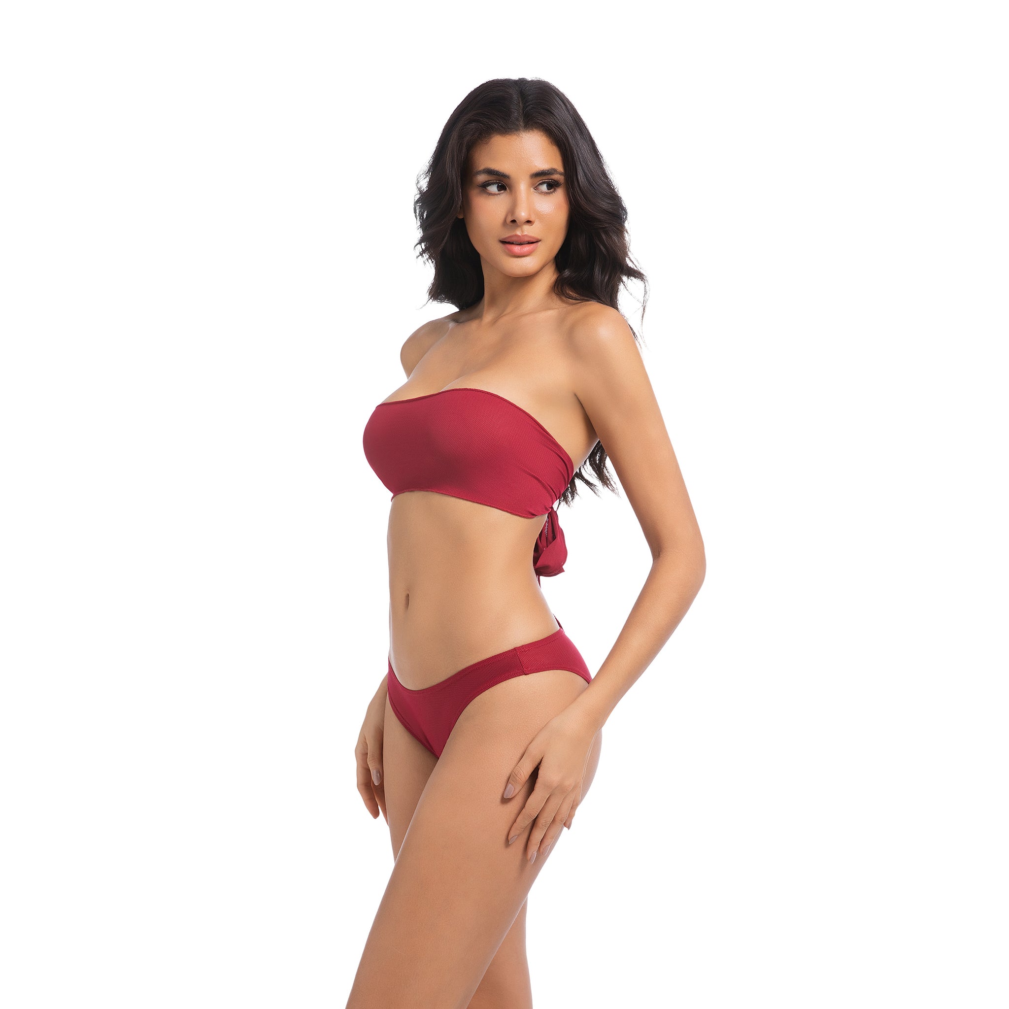 Women's Cherry Red Tan Through Bikini Set - Strapless Bandeau 2-Piece Swimwear - Minimise Tan Lines UV Permeable Woman Ribbed Large Bow Back Bathing Suit