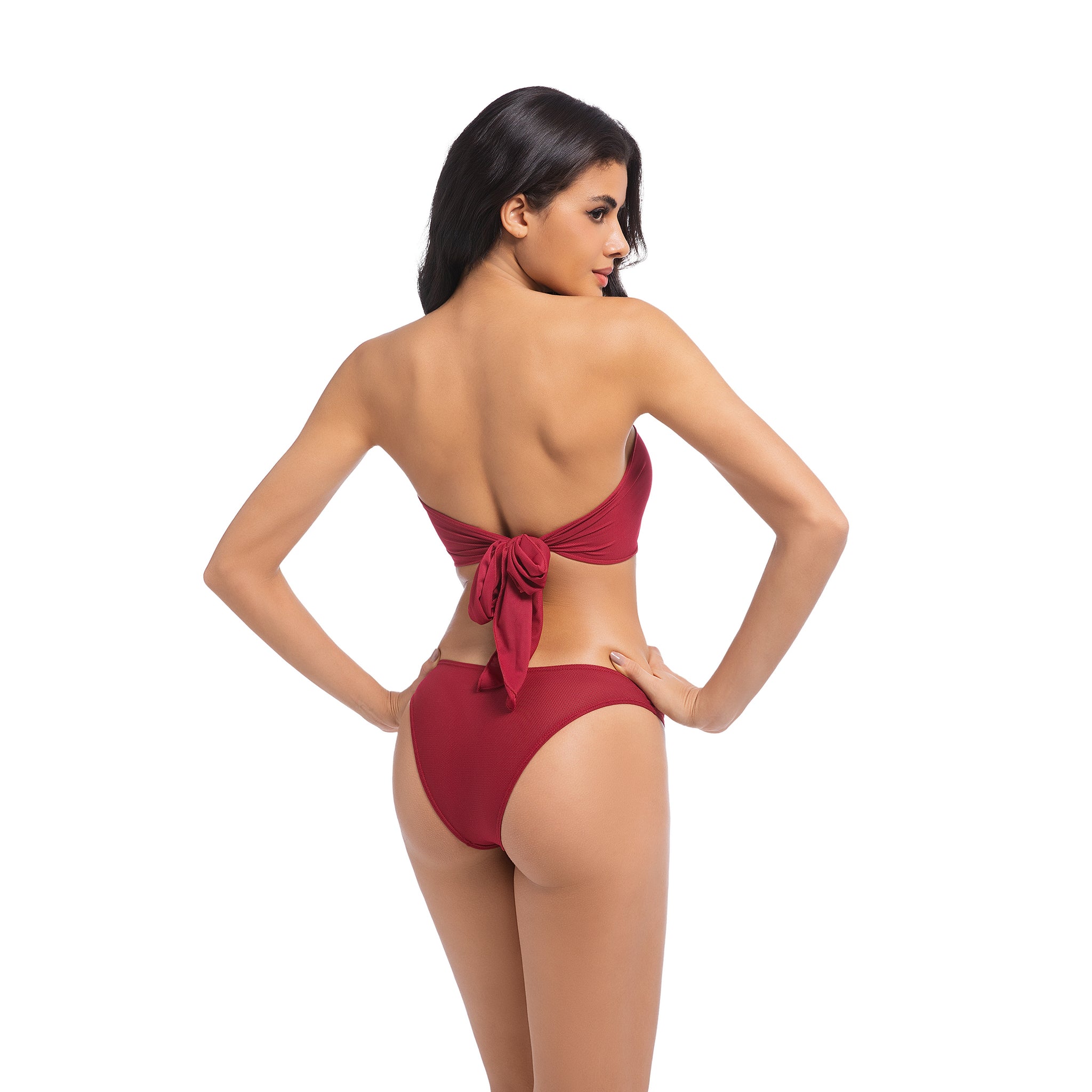 Women's Cherry Red Tan Through Bikini Set - Strapless Bandeau 2-Piece Swimwear - Minimise Tan Lines UV Permeable Woman Ribbed Large Bow Back Bathing Suit