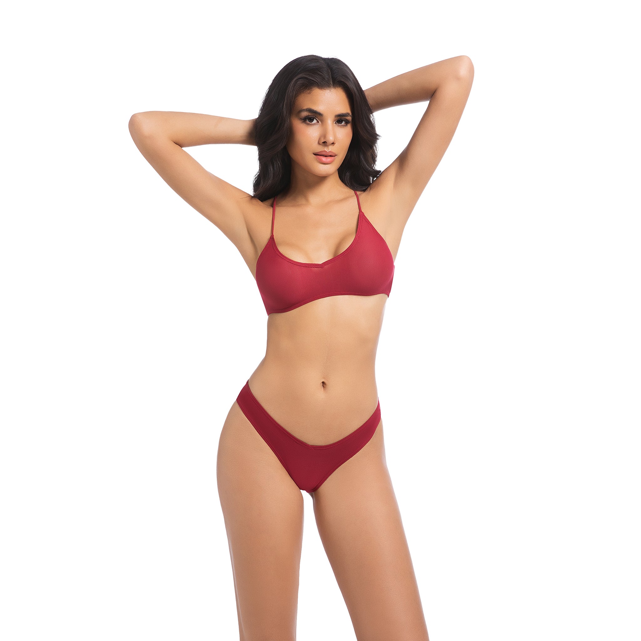 Women's Cherry Red Tan Through Bikini Set - Crisscross Back V-Neck 2-Piece Swimwear - Minimise Tan Lines UV Permeable Woman Ribbed V-Front High Cut Bathing Suit