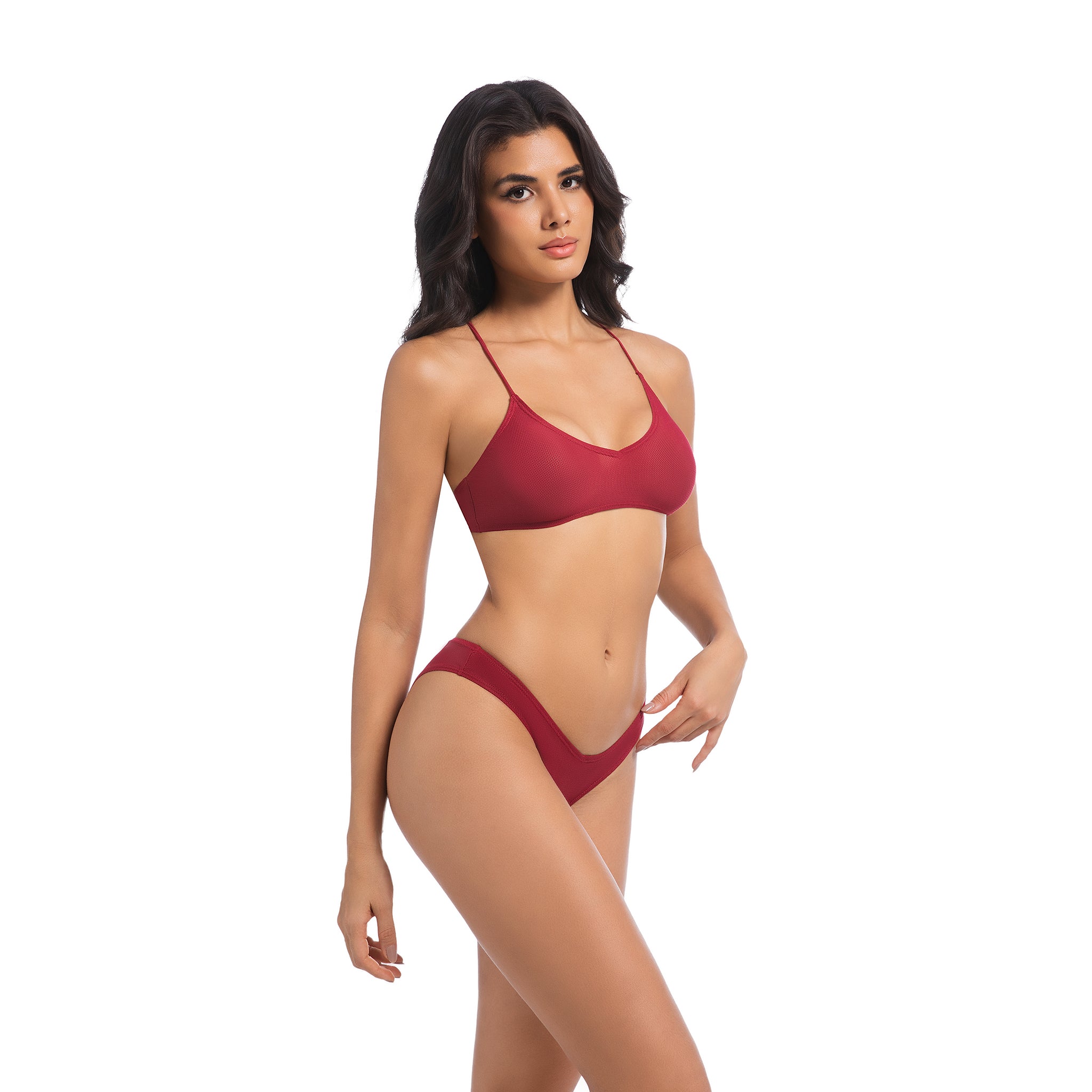 Women's Cherry Red Tan Through Bikini Set - Crisscross Back V-Neck 2-Piece Swimwear - Minimise Tan Lines UV Permeable Woman Ribbed V-Front High Cut Bathing Suit