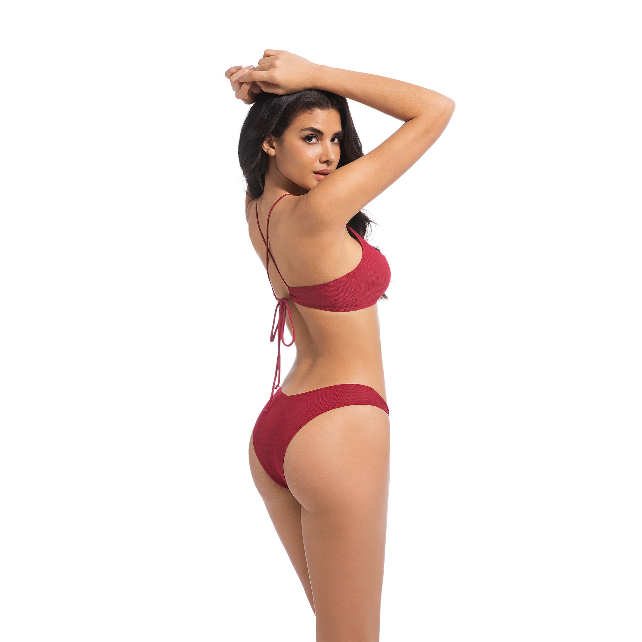 Women's Cherry Red Tan Through Bikini Set - Crisscross Back V-Neck 2-Piece Swimwear - Minimise Tan Lines UV Permeable Woman Ribbed V-Front High Cut Bathing Suit