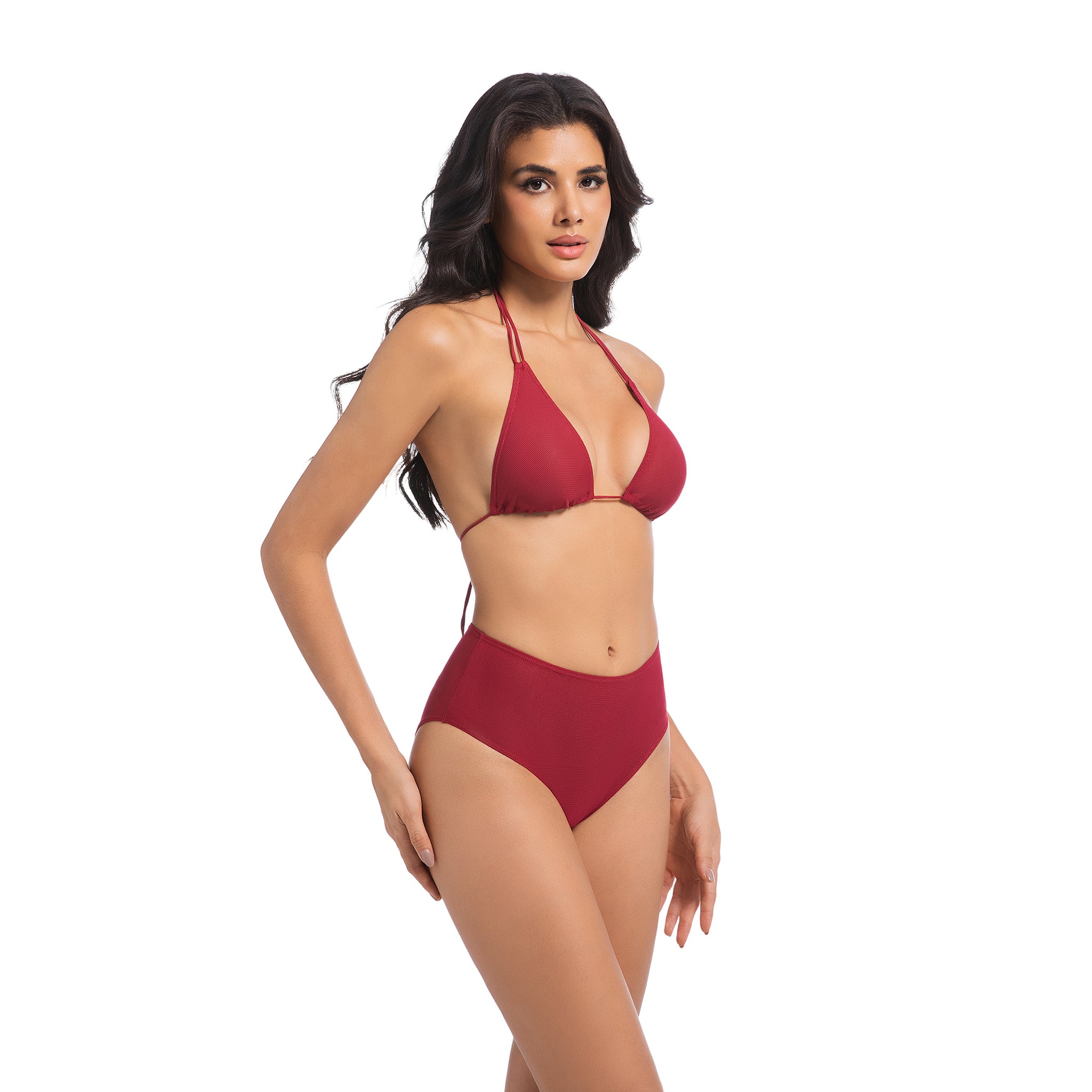 Women's Cherry Red Tan Through Bikini Set - Double Strap Halter 2-Piece Swimwear - Minimise Tan Lines UV Permeable Woman Ribbed High Waisted Bathing Suit