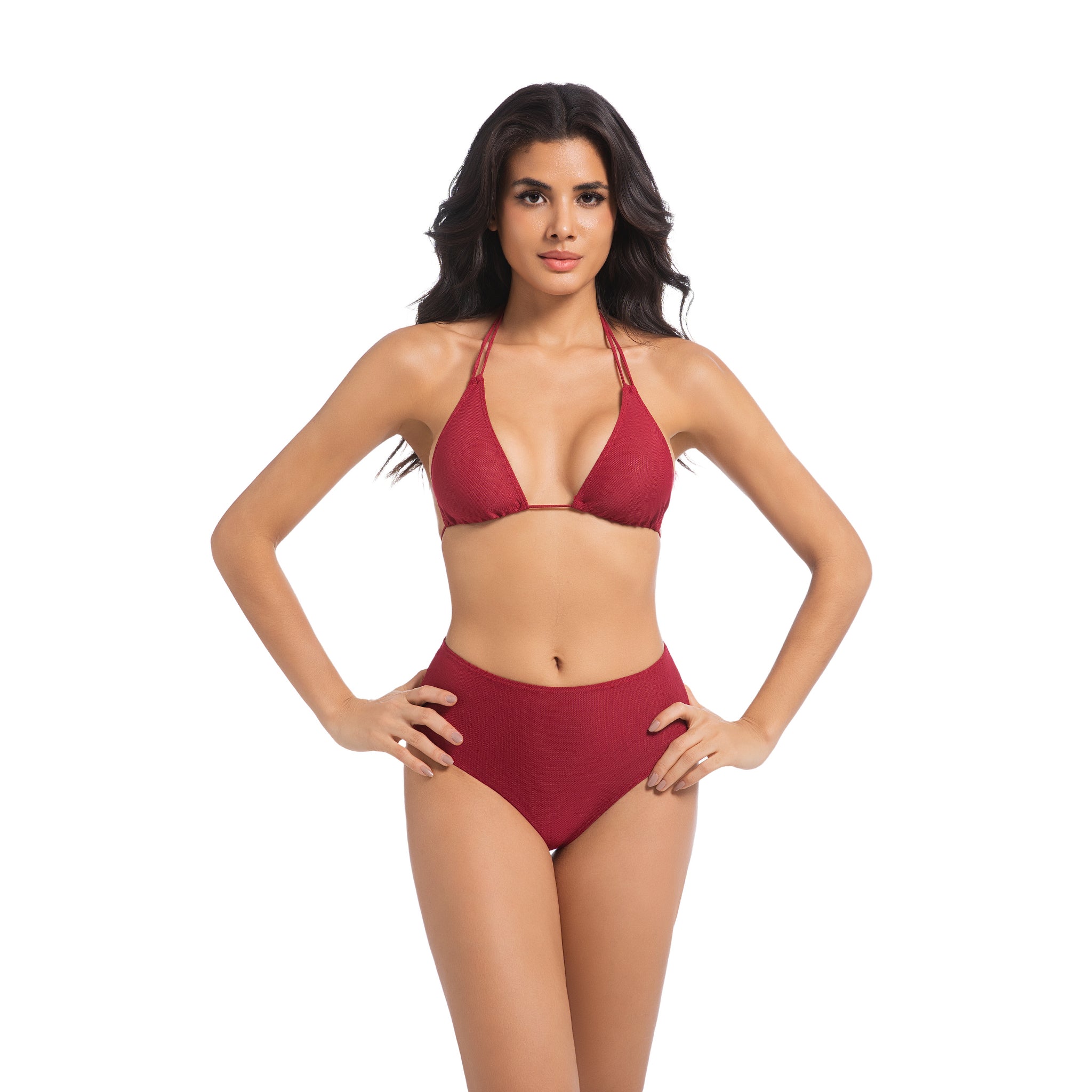 Women's Cherry Red Tan Through Bikini Set - Double Strap Halter 2-Piece Swimwear - Minimise Tan Lines UV Permeable Woman Ribbed High Waisted Bathing Suit