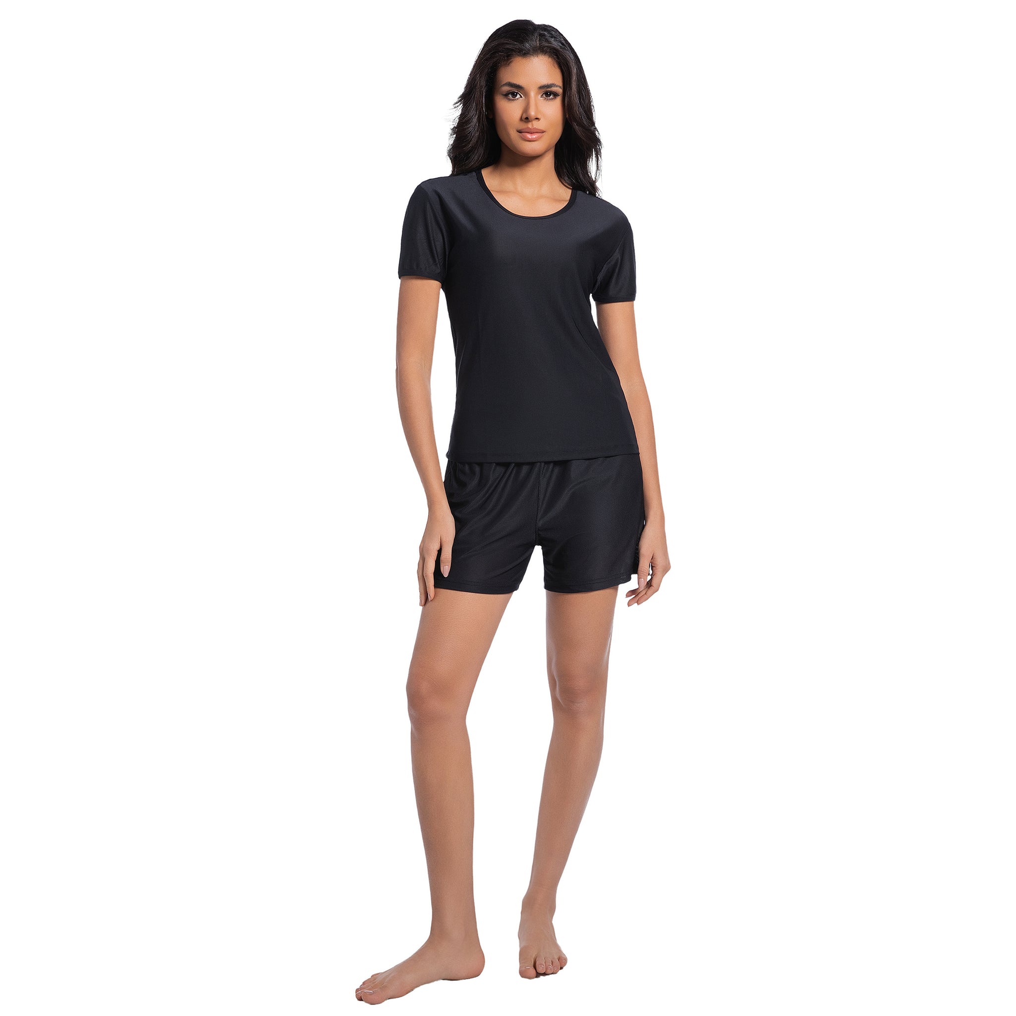 Women's Tan Through Black Short Sleeve Top & Shorts Set - Sun-Permeable Minimise Tan Lines Mesh Swimwear Female Modest Rash Guard