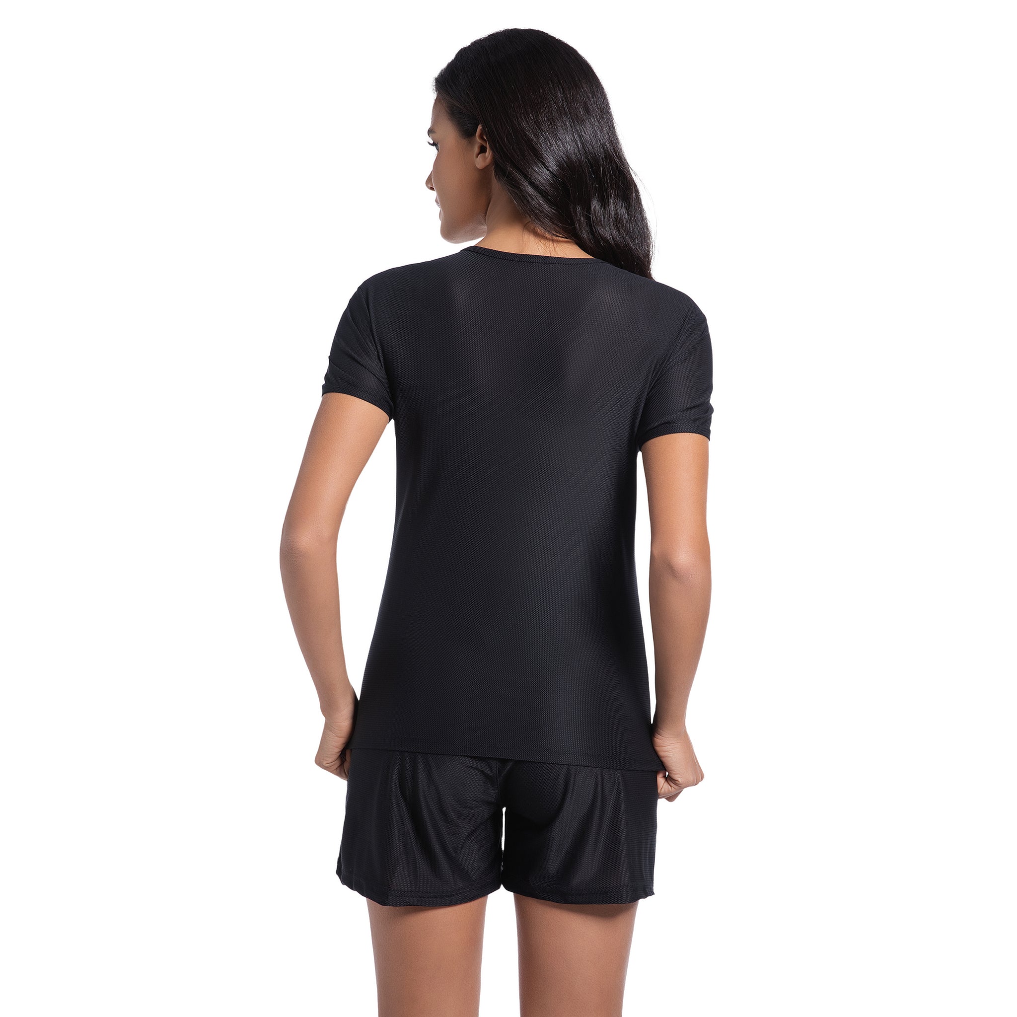 Women's Tan Through Black Short Sleeve Top & Shorts Set - Sun-Permeable Minimise Tan Lines Mesh Swimwear Female Modest Rash Guard