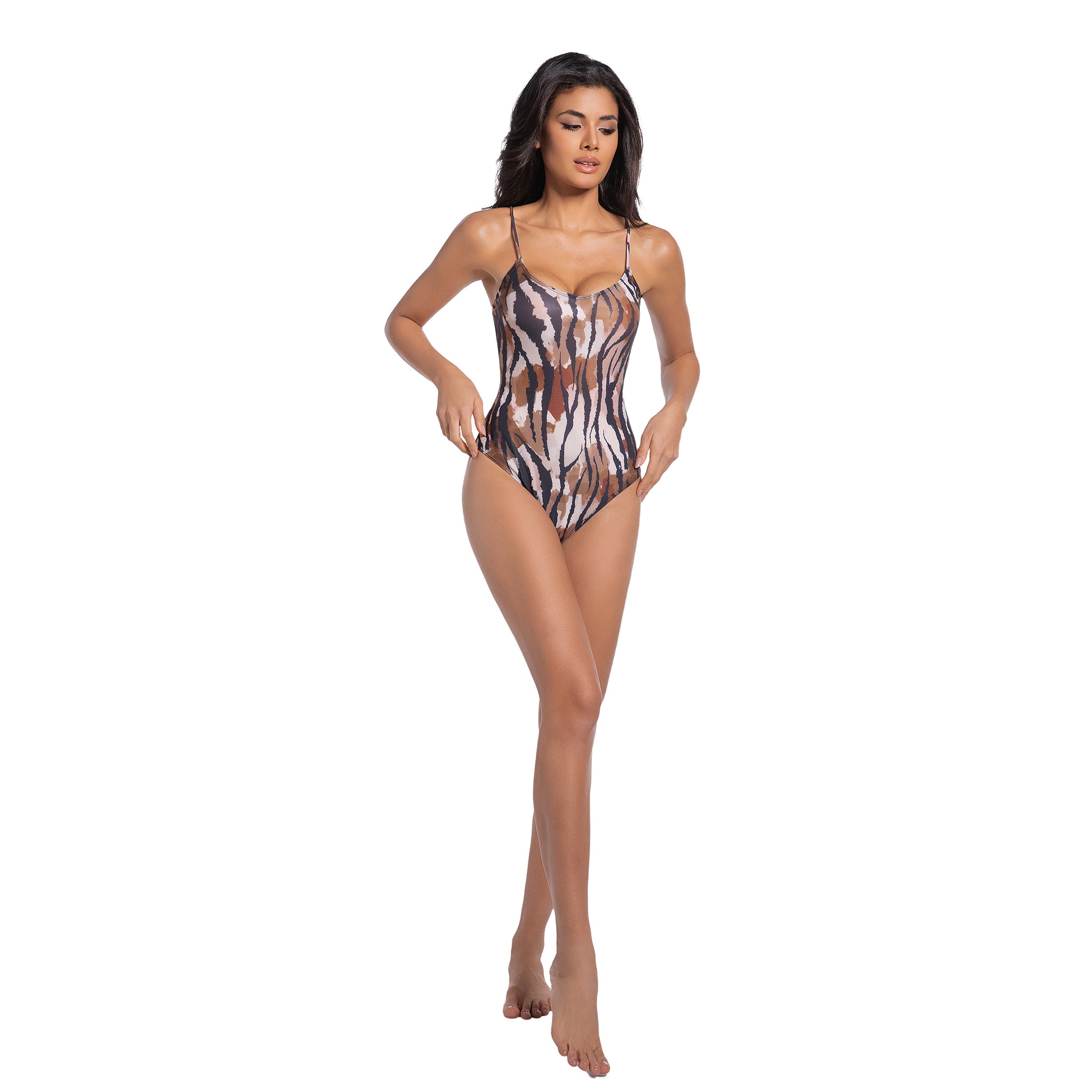 Abstract Tiger Swimsuit for Women Tan Through Minimise Tan Lines - Leo Scoop Neck Monokini - One-Piece High Cut Female Beachwear Printed Bathing Suit Woman's