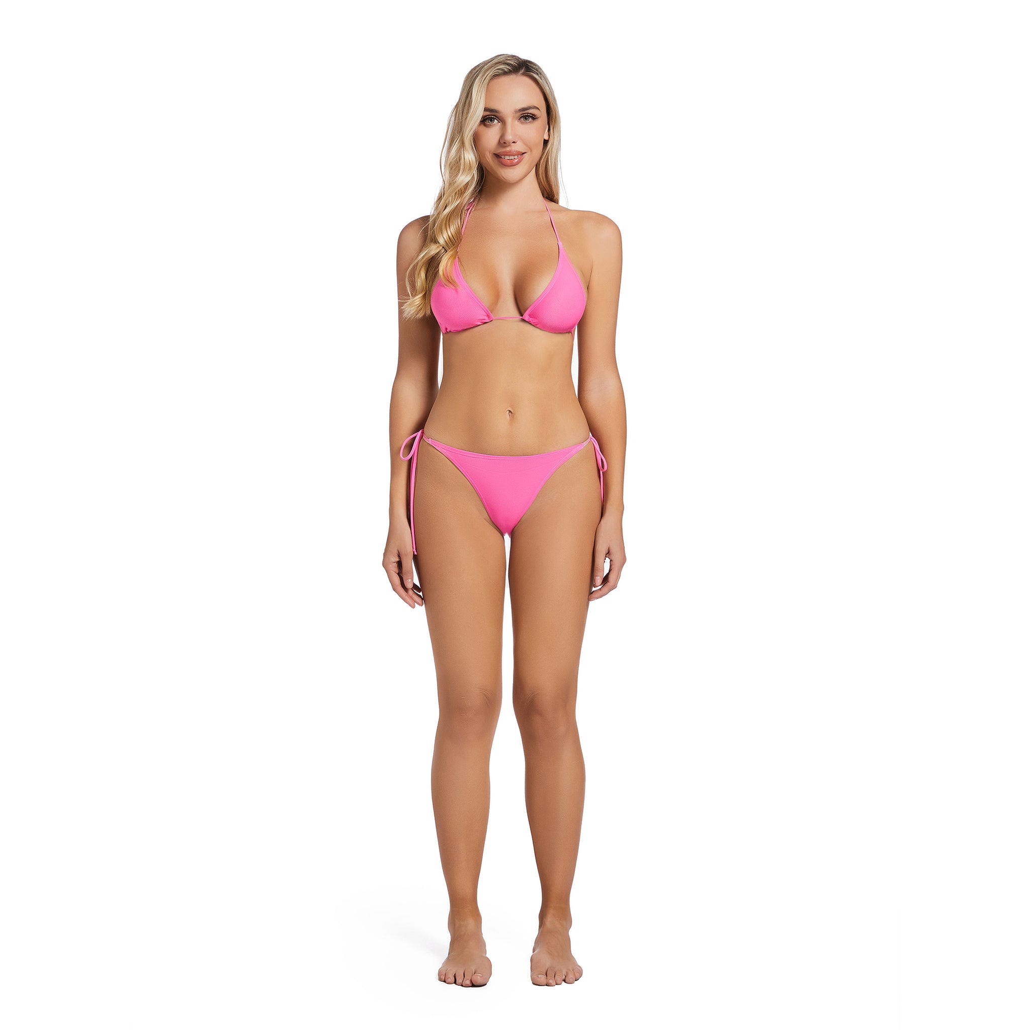 Tan Through Pink Bikini Set - Minimise Tan Lines Halter Triangle Swimsuit for Women - Ribbed Side Tie Female Two Piece Bathing Suit Woman's Resort Wear