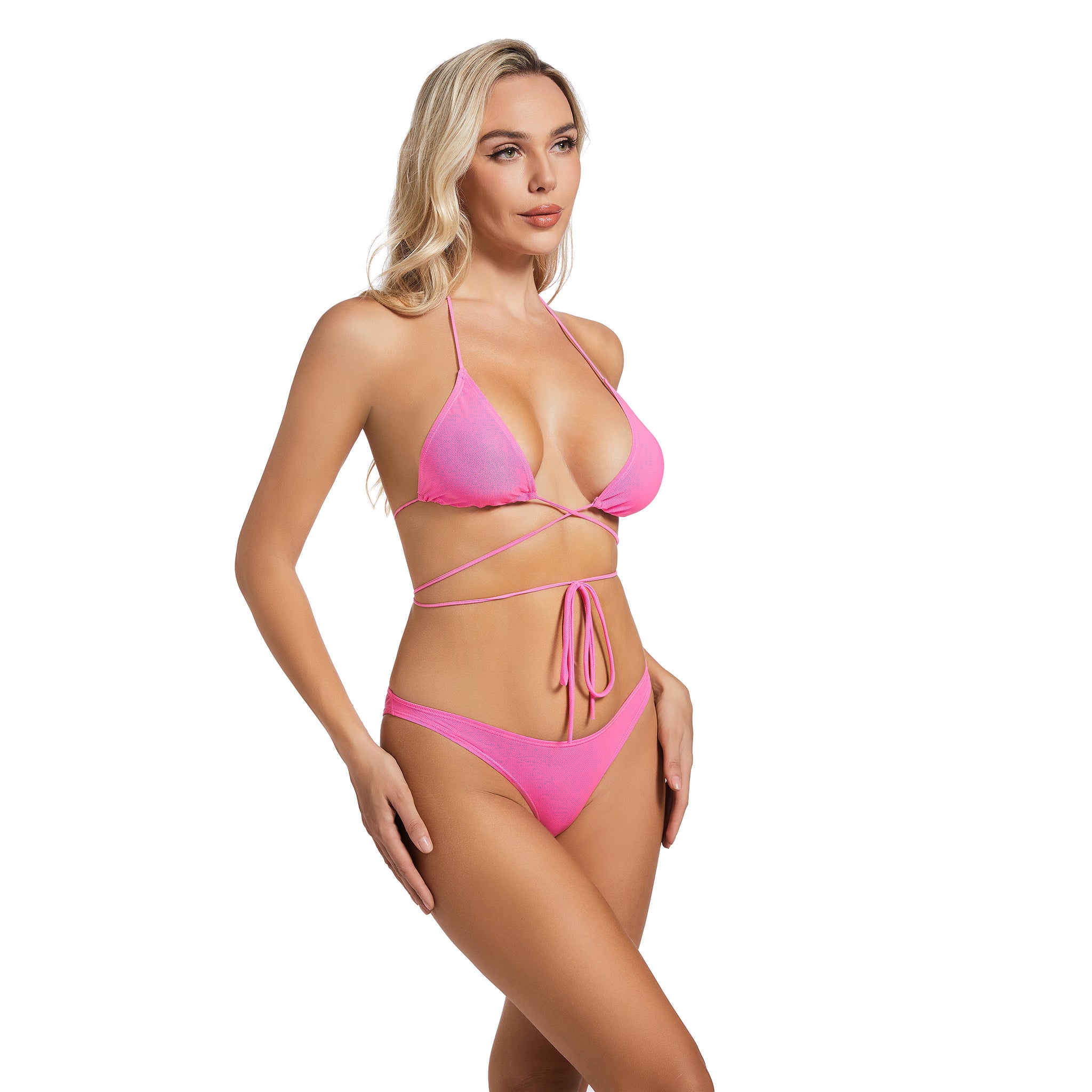 Wrap Around Halter Swimsuit for Women - Ribbed Pink Triangle Two Piece - Minimise Tan Lines Female High Leg Tan Through Bikini Set Woman's Beachwear
