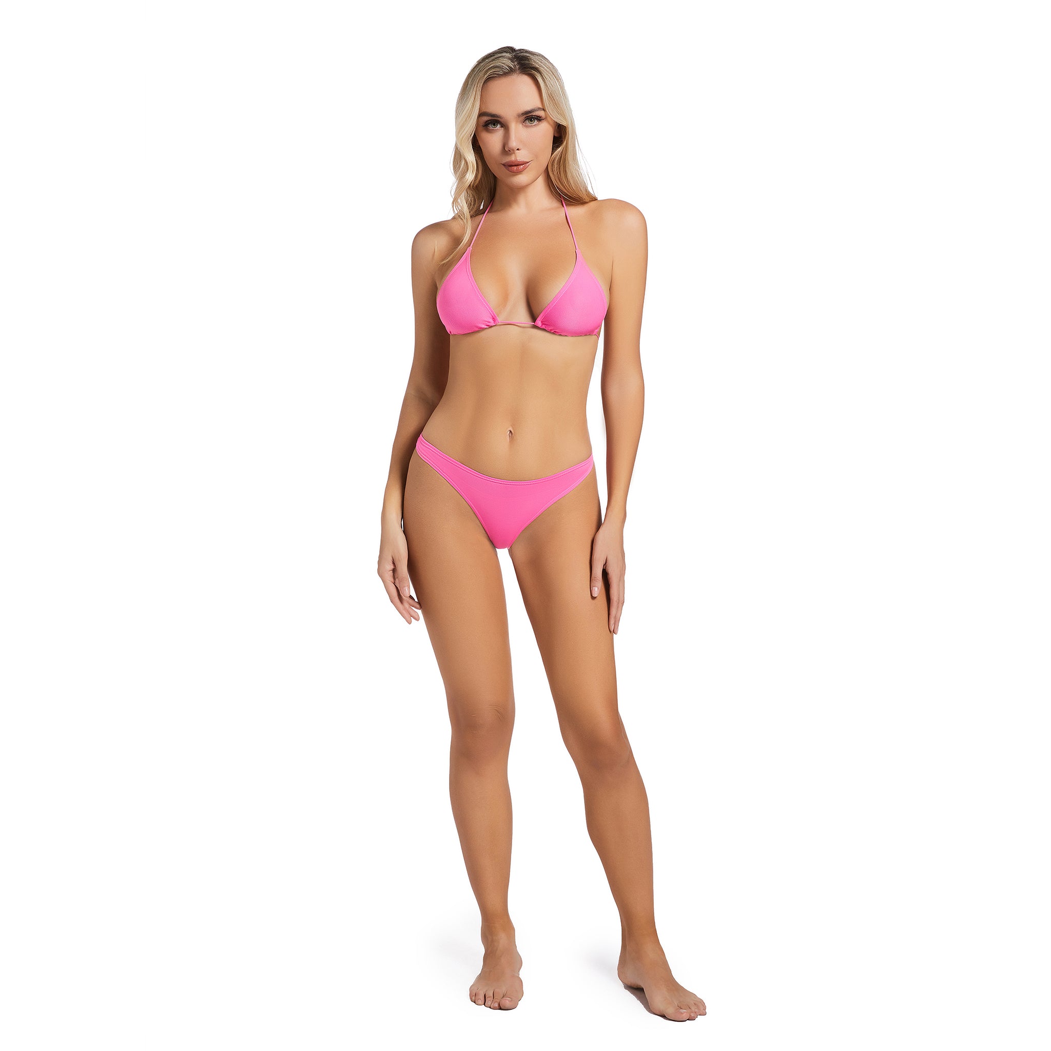 High Leg Mid-Rise Female Bathing Suit - Tan Through Minimise Tan Lines Pink Halter Triangle Two Piece - Ribbed Swimsuit for Women Bikini Set